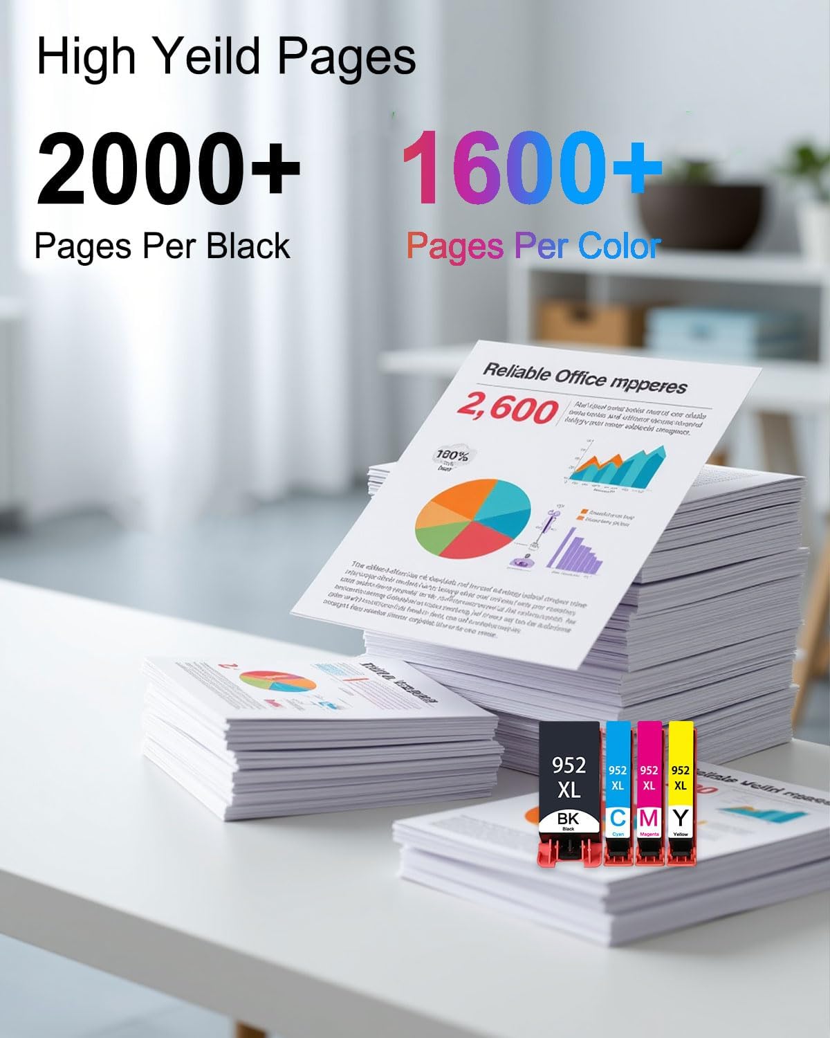 952XL Ink Cartridge High Yield Replacement for HP 952XL Ink Cartridges Combo Pack 952 Work for Officejet Pro 8710 8702 7720 7740 8700 8715 8210 Printer (4-Pack, Black, Cyan, Yellow, Magenta)