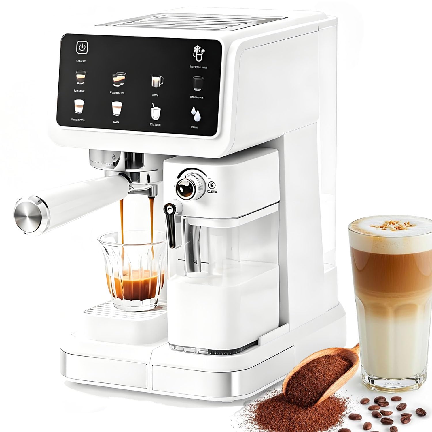 DUMIPME Espresso Machine with Milk Frother, 20 Bar Automatic Coffee Maker with One-Touch Touchscreen, Compact Cappuccino & Latte Machine for Home, Built-in Milk Tank, White