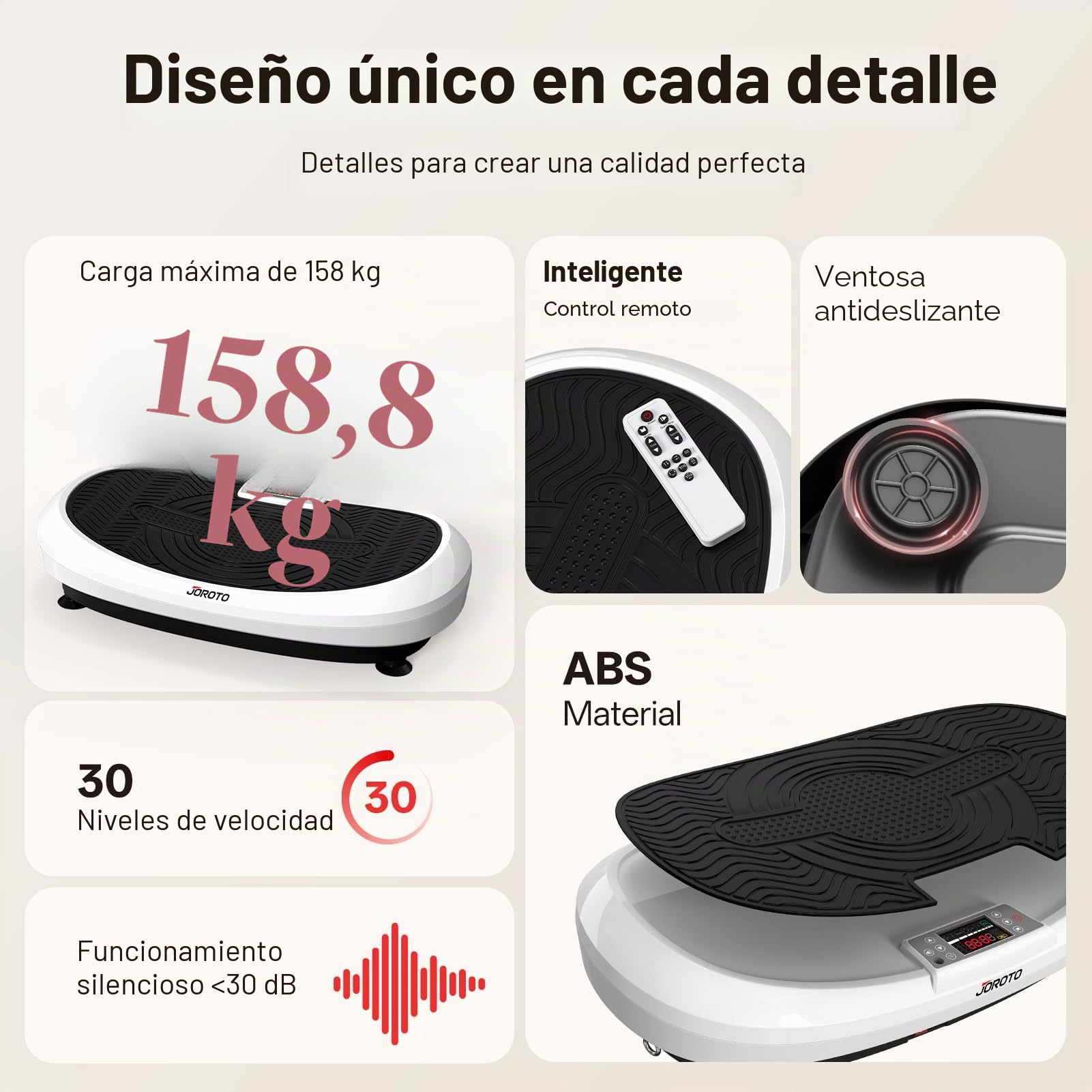 JOROTO JV50/JV60 Plataforma Vibratoria 4D para Hogar, con 3 Motores, 10 Programas & 120 Niveles, Altavoz Bluetooth, Luces LED para Entrenamiento Corporal Completo, Capacidad de Carga Máxima de 158KG