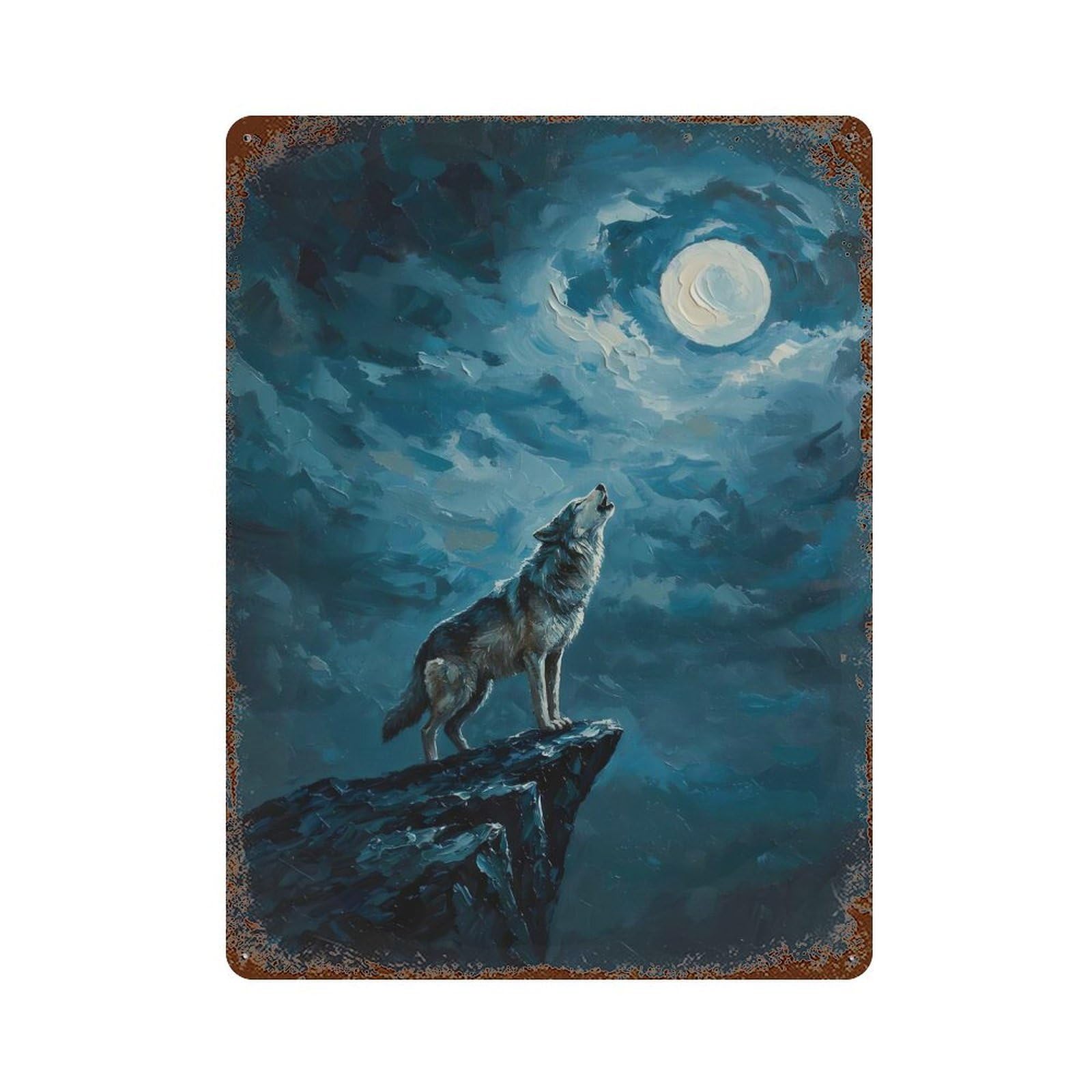 Vintage Rust Metal Sign with Wolf Howling at The Moon Design 15.7"x11.8", for Garage, Bar And Workshop Decor, Retro Wall Decor