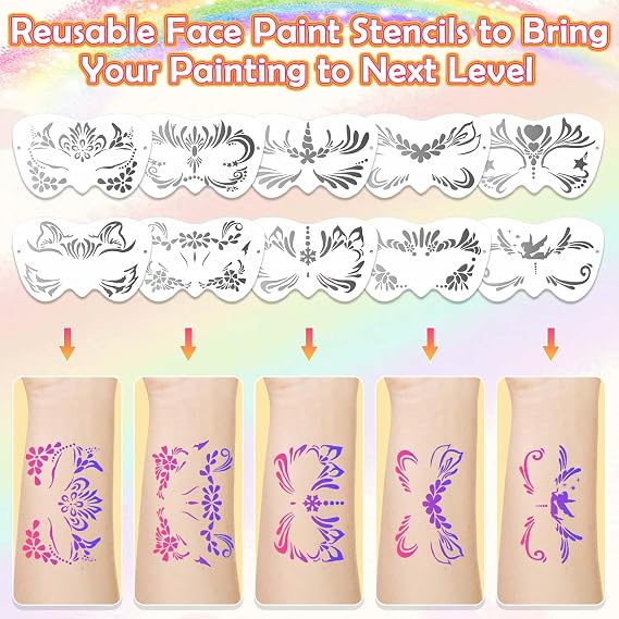 Professional 69 Colors Face Painting Kit for Kids Washable Skin Watercolor Non-Toxic Body Paint Face Glitter Makeup Palette with Stencils, Gems, Brushes for Kids Party Cosplay Halloween FX