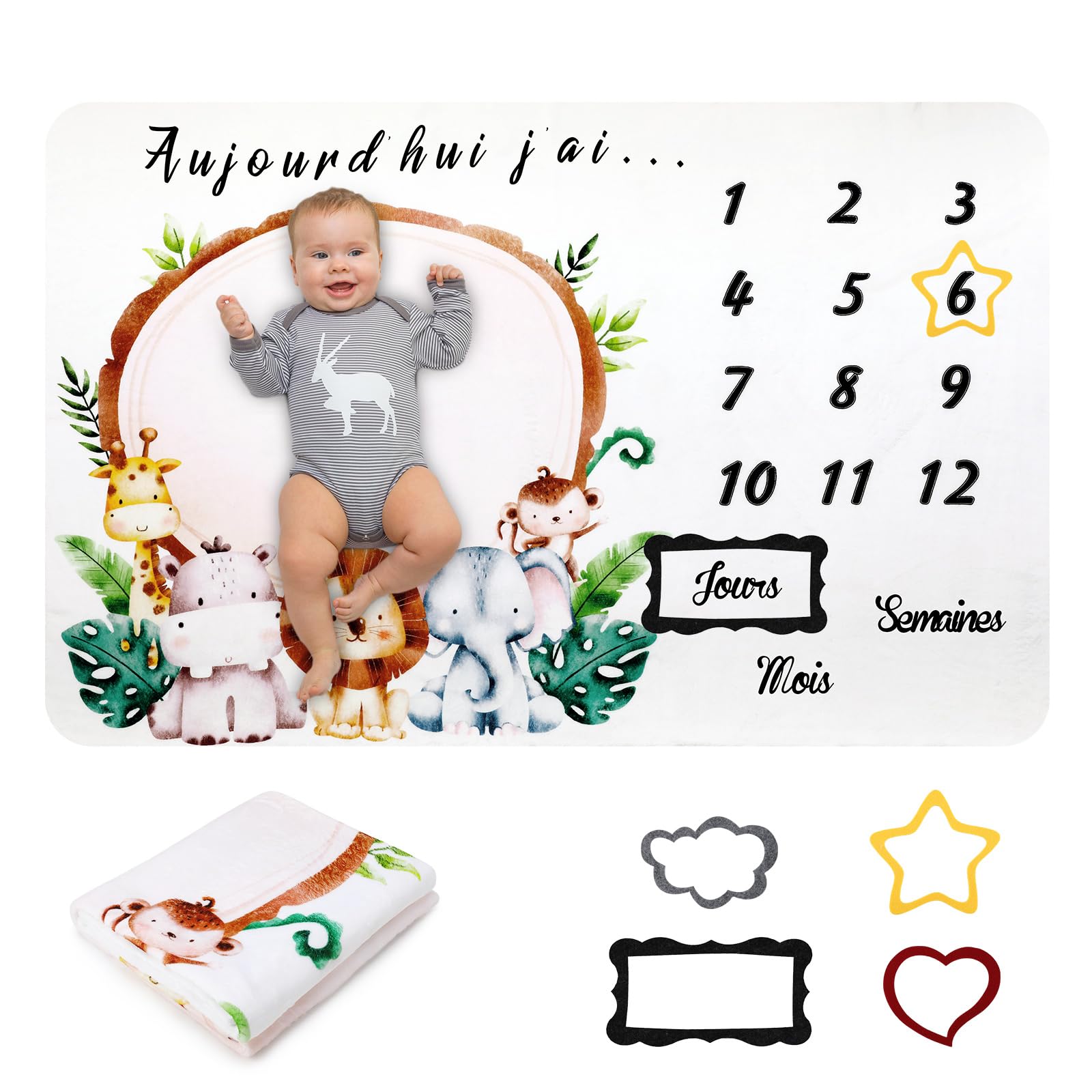 Baby maandelijkse mijlpaal deken tweeling - pasgeboren maand deken unisex neutraal gepersonaliseerd douche geschenk blad kinderkamer decor fotografie achtergrond prop met houten krans groot 130 x 100