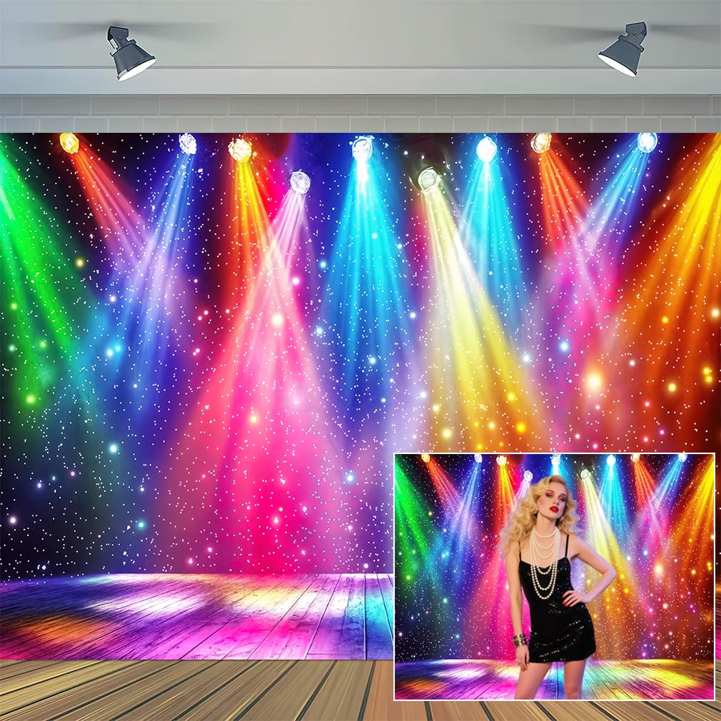 Photo 1 of 10X8ft Rainbow Stage Backdrop 1980s Colorful Disco Photography Background Rock Music Glow Neon Dance Party Decor Banner Photo Props Wall Decor Supplies
