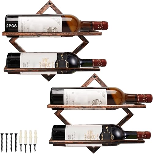 AUHOKY 2 soportes de metal para vino montado en la pared, organizador plegable de cobre vintage para 2 botellas de licor, colgador de exhibición de