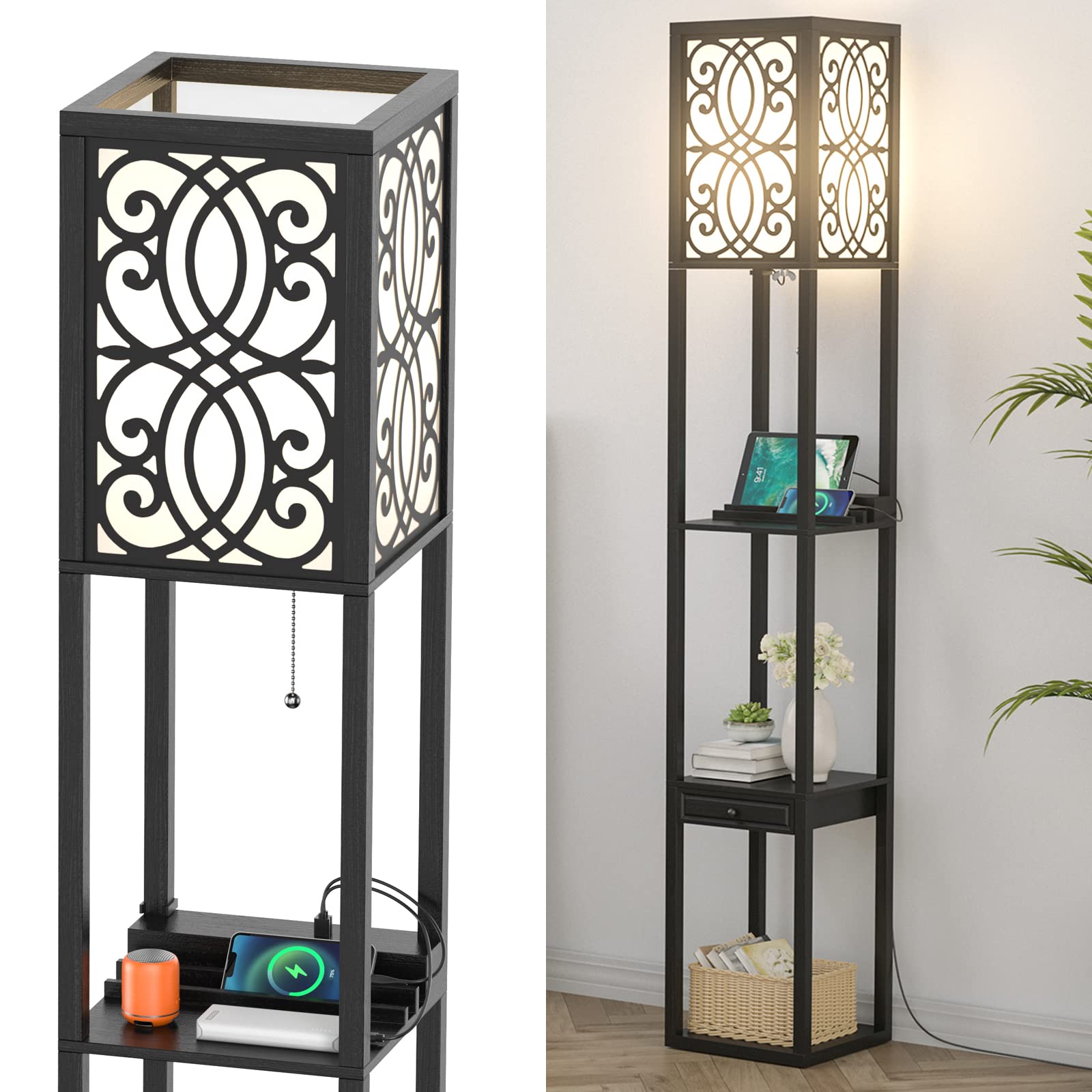 RELAX4LIFE Lampada da Terra con Cassetto, 3 Ripiani, 2 Porte USB, Base E27, Luce Decorativa per Camera da Letto Ufficio Hotel (Paralume Singolo, Arabesco)