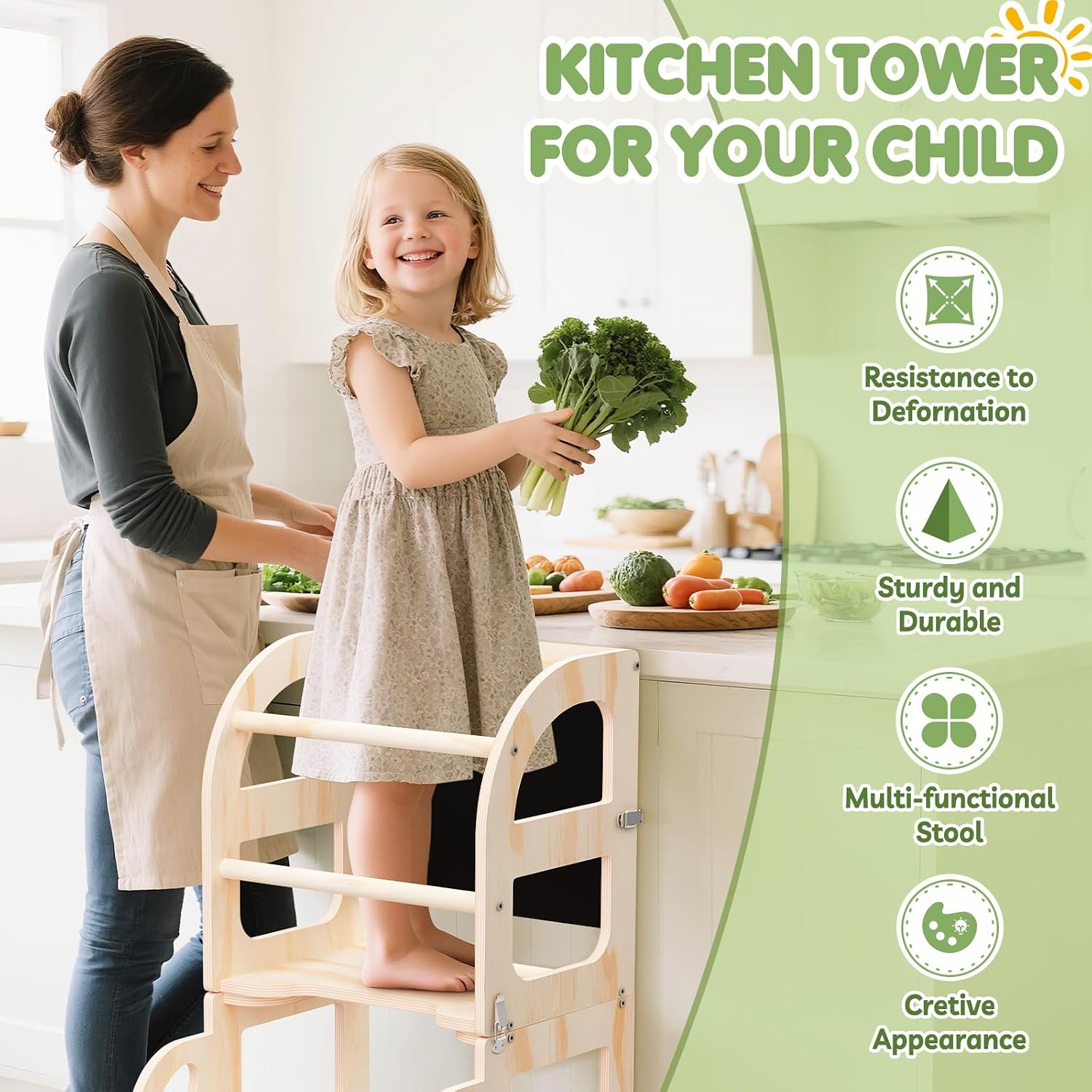 Toddler Kitchen Step Stool, Car Shape Learning Standing Tower with Blackboard, Wooden Kitchen Stool Helper, Foldable Chair & Table for Kids, Ideal 1-3 Year Old Boy Girl Gifts
