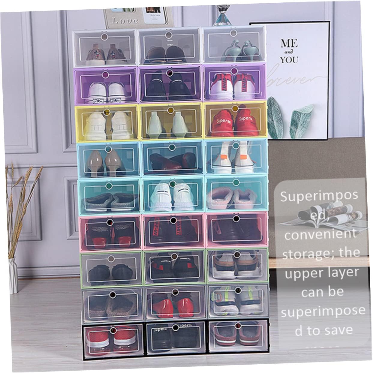 Stackable Shoe Box Dustproof Storage Container 6-Piece Set Drawer Type Organizer for Shoes for Closet and Home Use