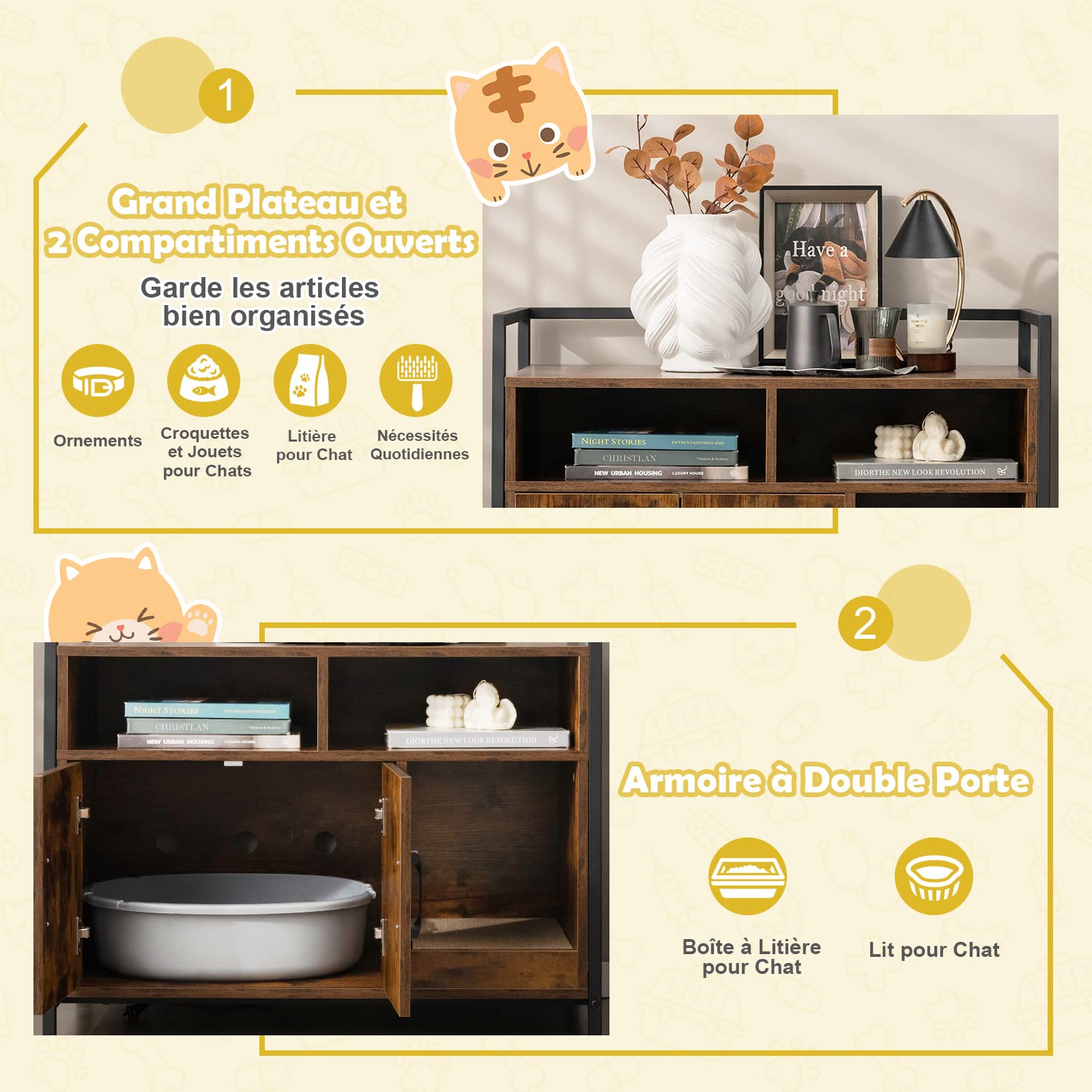 GYMAX Meuble Cache Litière Chat Grand en Bois, avec Griffoir Détachable, Maison de Toilette avec 2 Étagères Rangement Ouvertes, Maison Bon Ventilation et Anti-basculement pour Chat(Café)