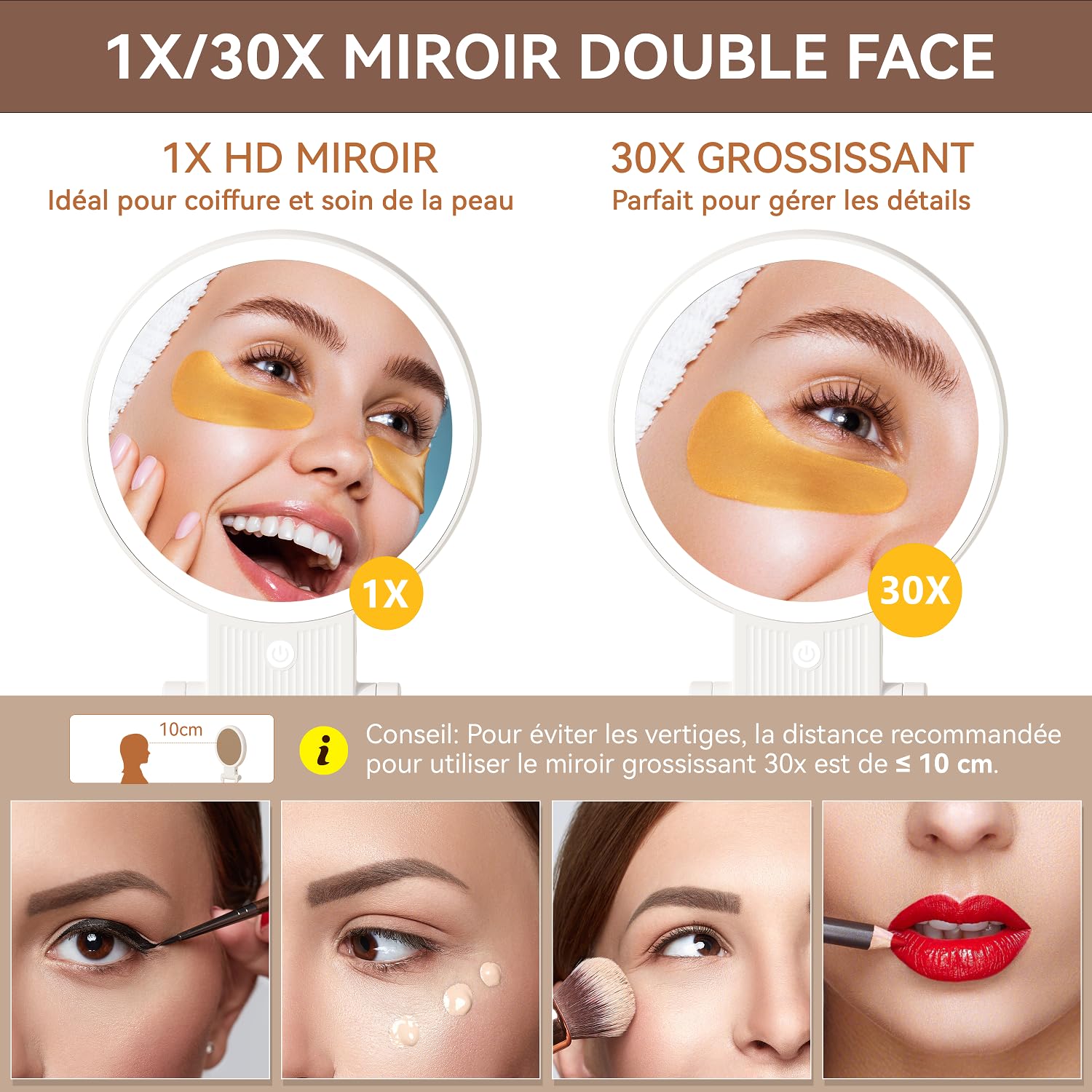 Auxmir Miroir Grossissant Lumineux Double Face 1X/30X, Miroir Maquillage 3 Couleurs D'éclairage, Luminosité Réglable, Batterie 2000mAh Rechargeable, Support 360°, Mural/Portable/Pliable