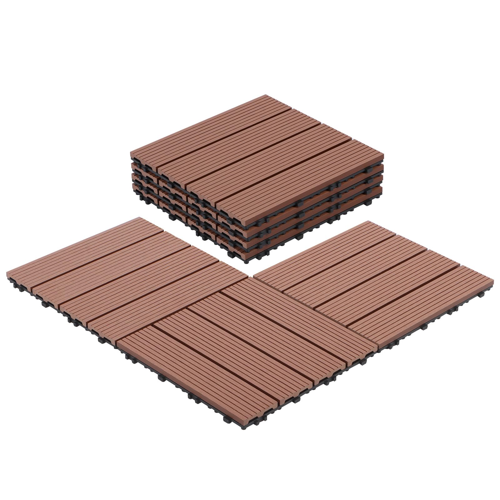 10 pcs Wood-Plastic Composite Decking Tiles Kit, Easy Install Interlocking WPC Deck Panels for Garden, Balcony & Patio, Low Maintenance, Weather-Proof, Composite Floor Flooring Boards (Brown)