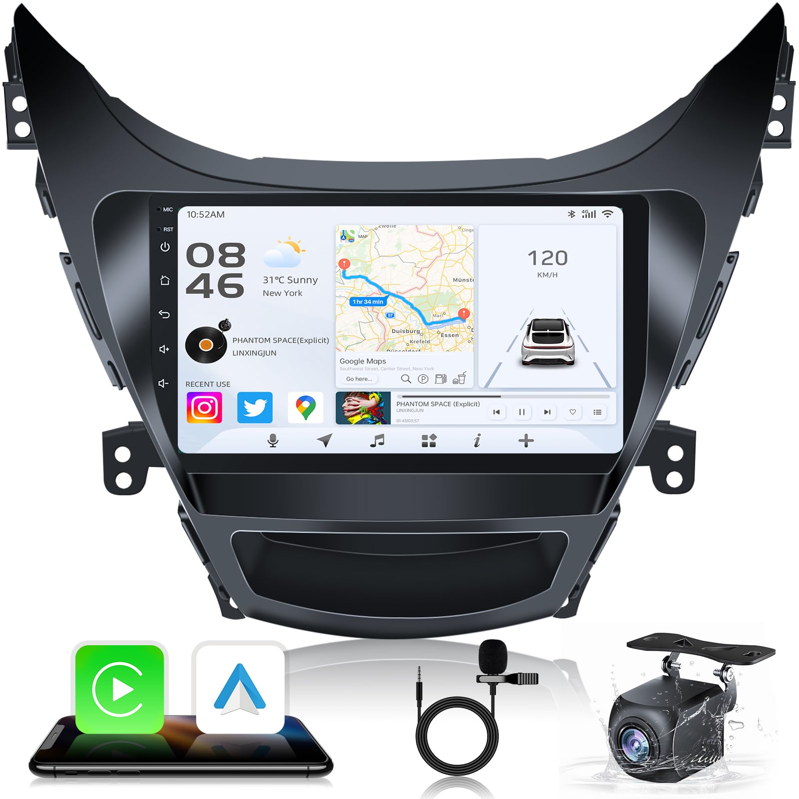 8 Core 4GB+32GB Car Radio Stereo for Hyundai Elantra 2011 2012 2013 : 9 Inch 1280x800 Touchscreen Head Unit Stereo with Wireless Carplay Andriod Auto Backup Camera GPS FM SWC