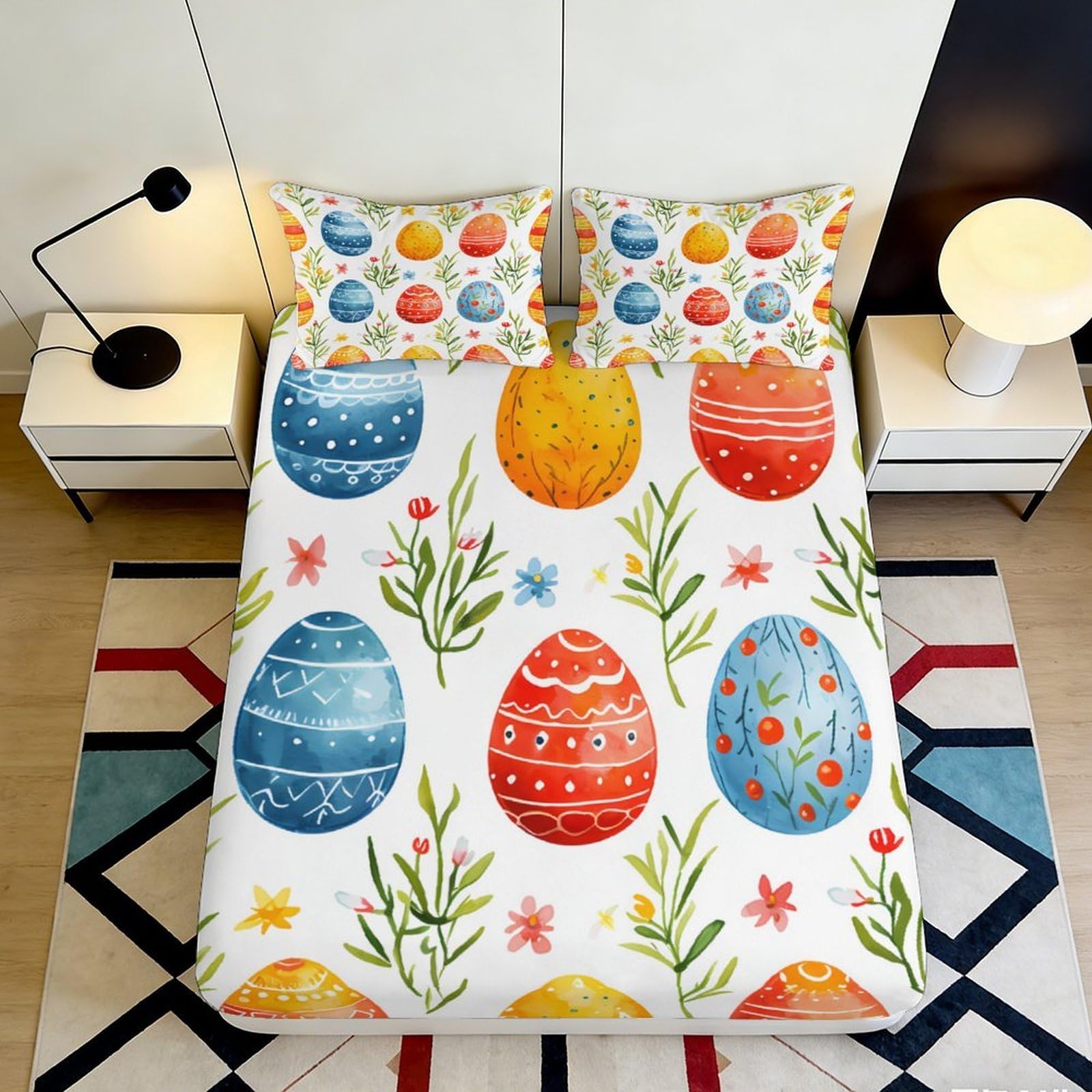 3D Printed Easter Egg Fitted Sheet Microfiber Deep Pocket Elastic Hem Easter Egg Mattress Fitted Cover Non-Slip for Bedroom 180x200x25cm