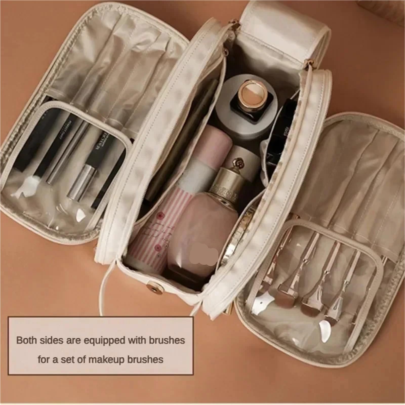 Borsa for Il Trucco per i Viaggi | Doppia cerniera portatile multifunzionale in pelle PU di grande capacità(Black)