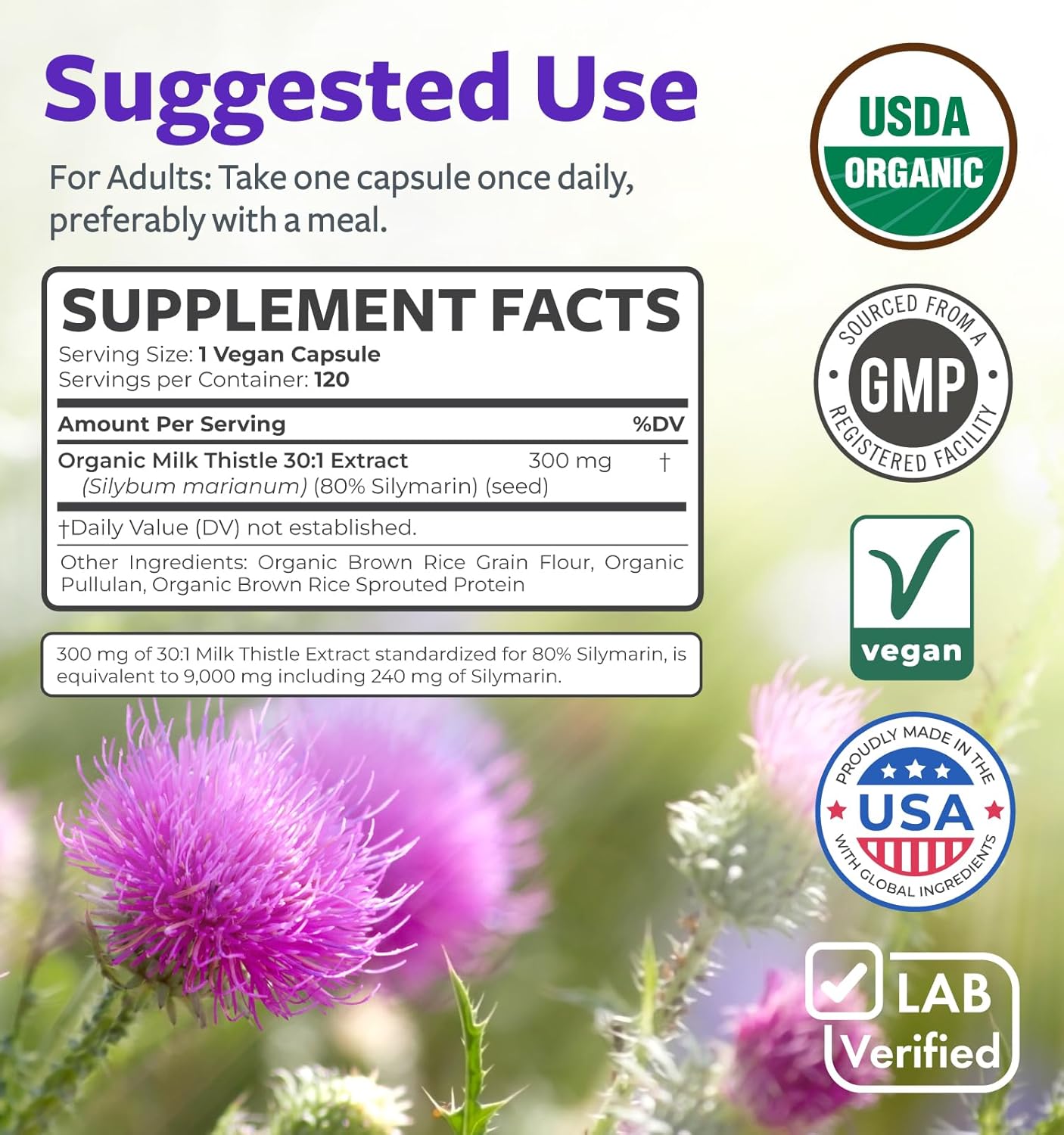 PURE CO USDA Organic Milk Thistle Capsules - 80% Silymarin Supplement for Liver Support- Super Concentrated 300mg of 30:1 Milk Thistle Extract Liver Detox 120 Day Supply