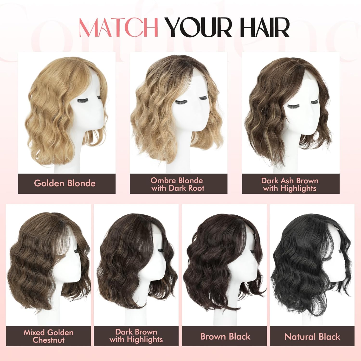 11 Inch Hair Topper for Women with Thinning Hair,Natural Short Wavy Clip-In Wig Topper with Curtain Bangs, Synthetic Hairpiece for Daily Wear(Brown Black)