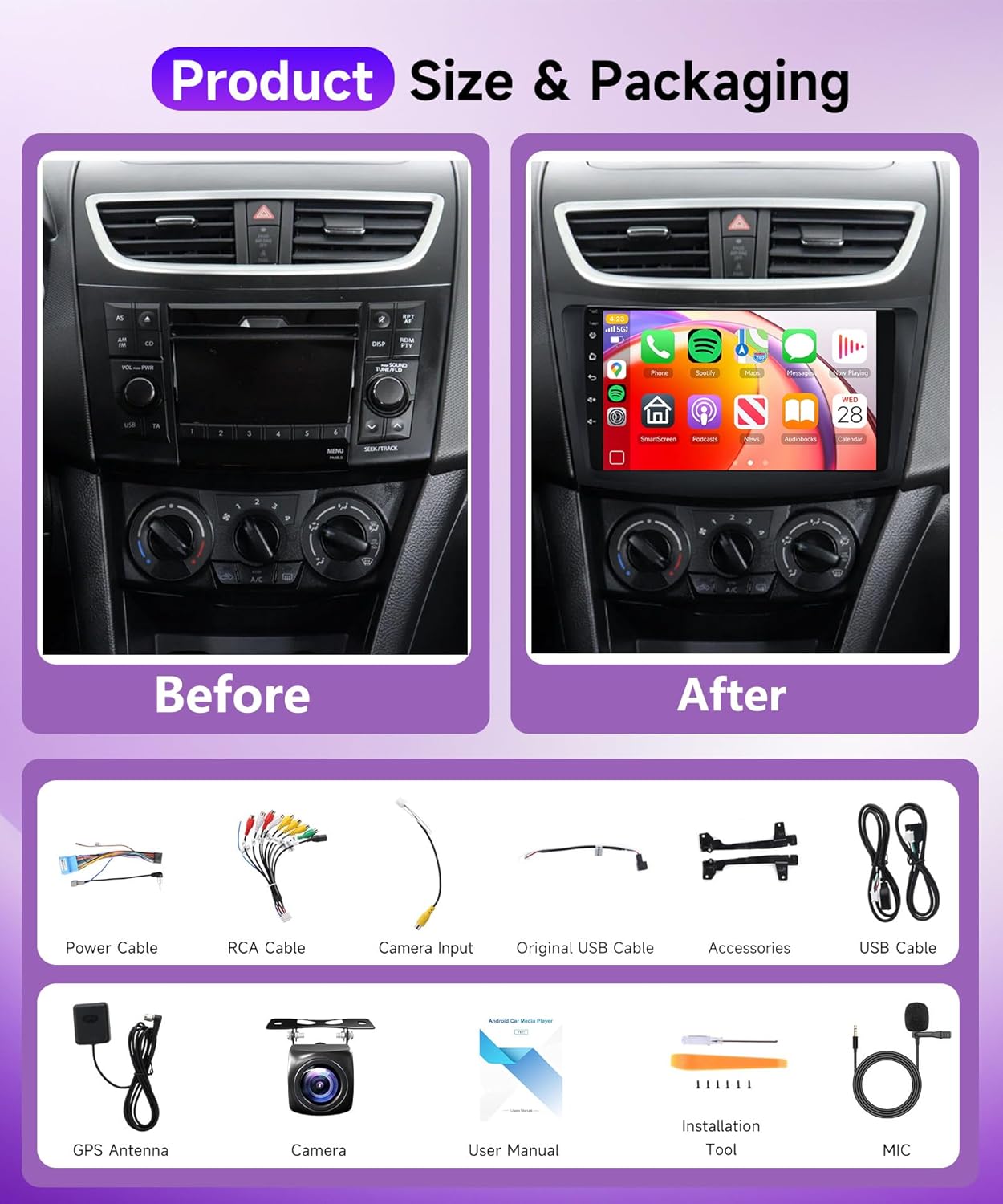 Rimoody Android Car Stereo package contents including the head unit, various cables, GPS antenna, backup camera, microphone, and installation tools.