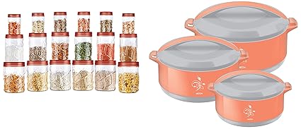MILTON Divine Jr Inner Steel Casserole Gift Set of 3, Orange and Vitro Plastic Jar Set, 18- Pieces, Transparent