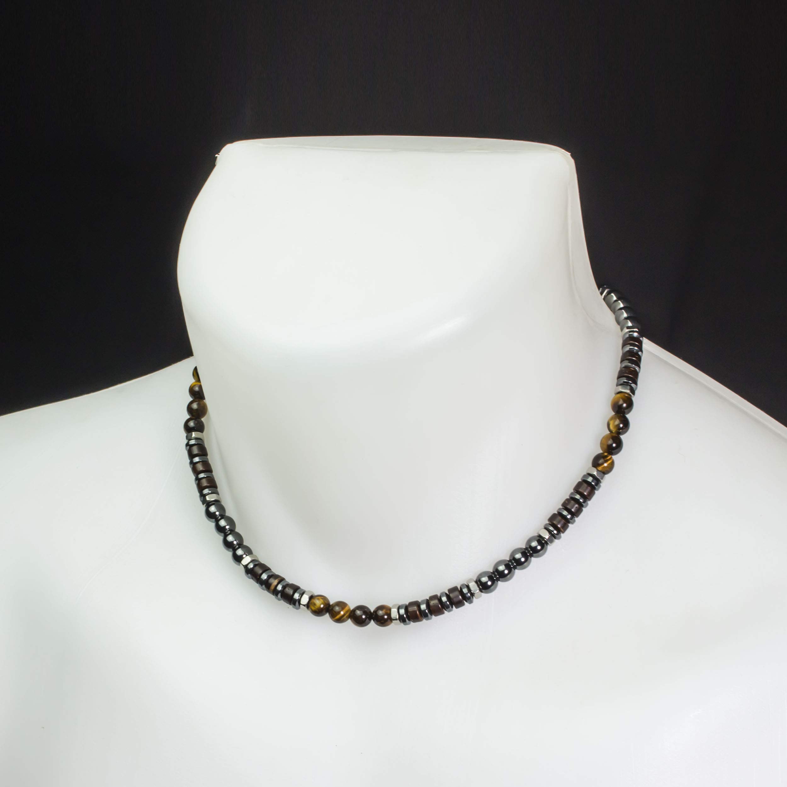 Sublime Collier Homme perles Ø6mm pierre Naturelle Œil de tigre bois coco hématite métal inoxydable couleur argent style tibétaine COLLITRION