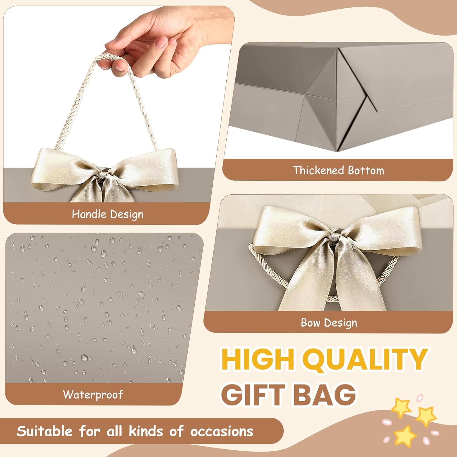 YoungTree 2PCS Medium Gift Bags with Ribbon and 2 Greeting Cards 4 Tissue Papers, Paper Birthday Gift Bags with Handles, Present Bags for Valentines Day Wedding Baby Shower Party Supplies (Champagne) - Image 3