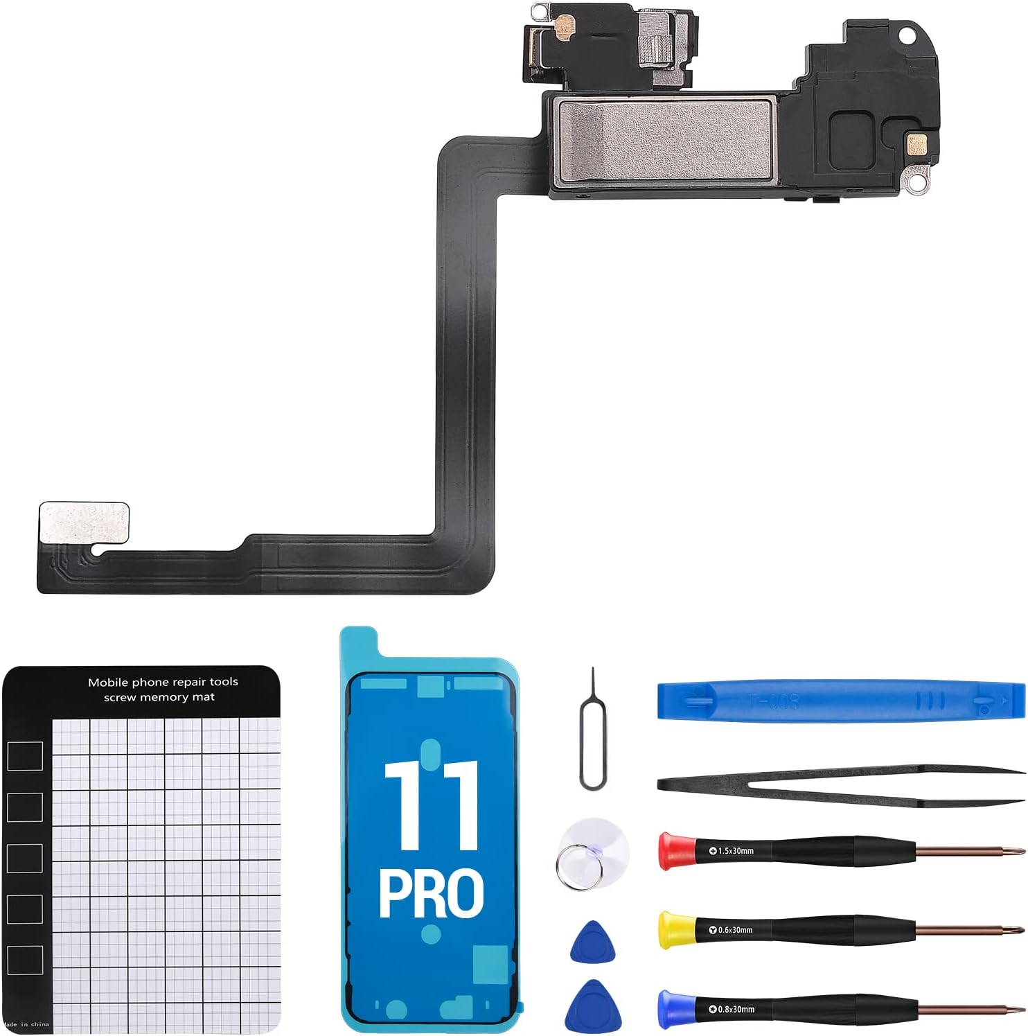 for iPhone 11 Pro Ear Speaker Replacement OEM Repair Kit New Front Earpiece Module with Proximity Sensor Flex Cable Connector Ambient Light Sensor Part Fix Tools Kit for A2160 A2217 A2215