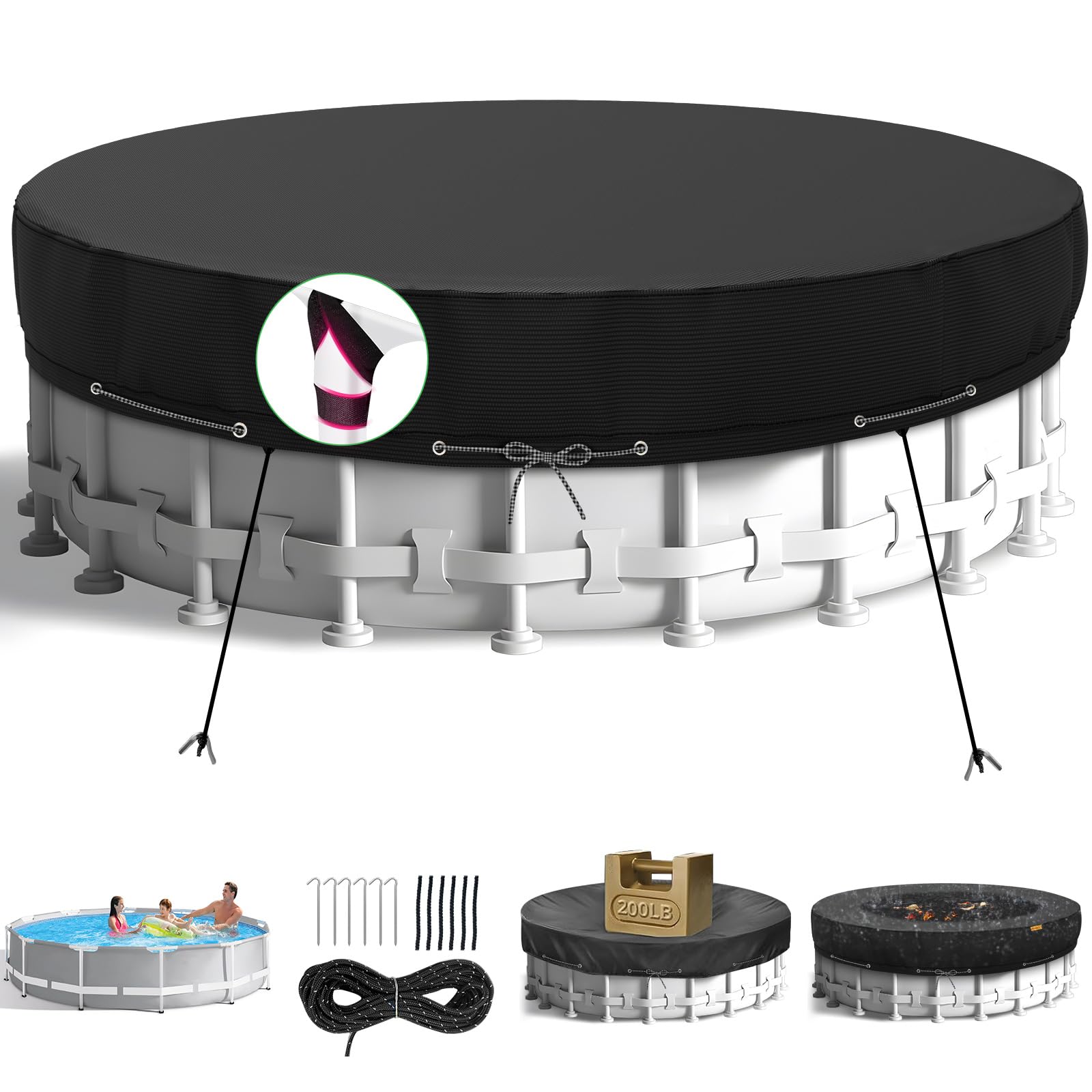 Photo 1 of 18Ft Round Pool Cover,Heavy Duty Waterproof Round Pool Covers for Above Ground Pools with Ground Nails and Windproof Ropes,Increase Stability&Tear-Resistant, Waterproof and Dustproof, Black