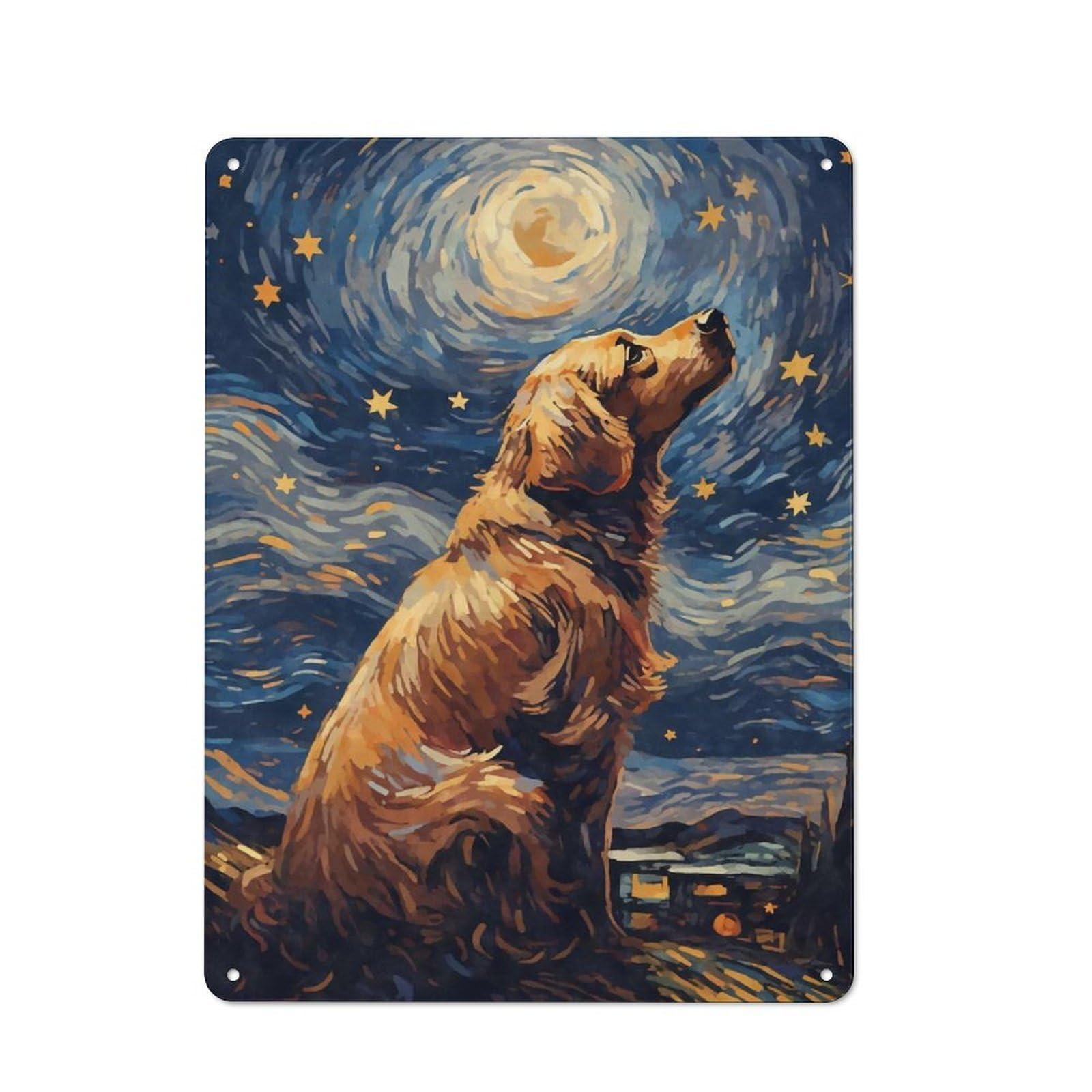 Junmoney Style-13 Golden Retriever Night Printed Metal Sign 40X30cm For Café Or Restaurant, For Restaurant Decor Fans, For Retro Home Interiors