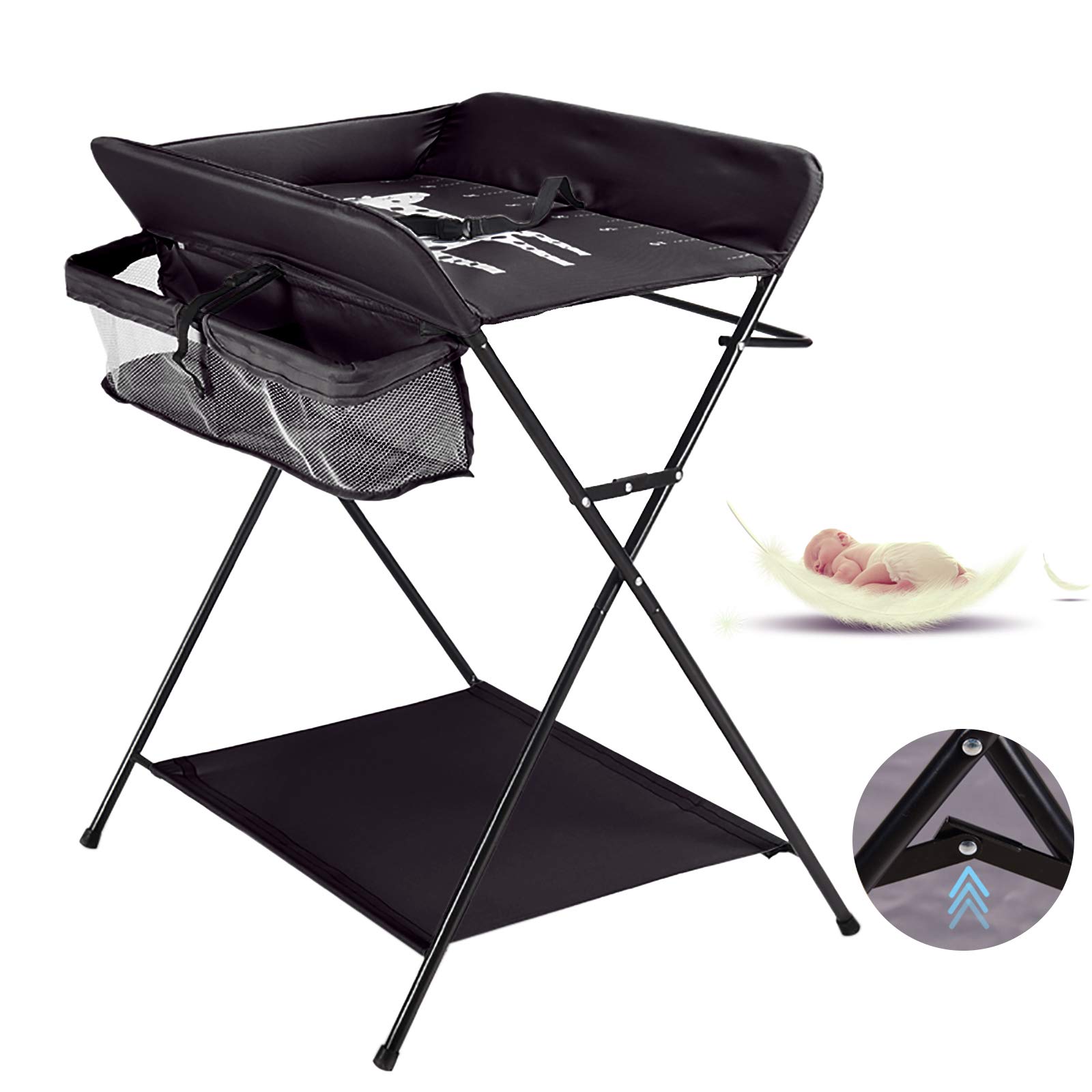 Cambiador plegable para nacimientos de bebé con cesta de almacenamiento al lado, estructura de hierro, carga máxima 15 kg, extraíble y plegable para un almacenamiento fácil de usar de 0 a 12 meses