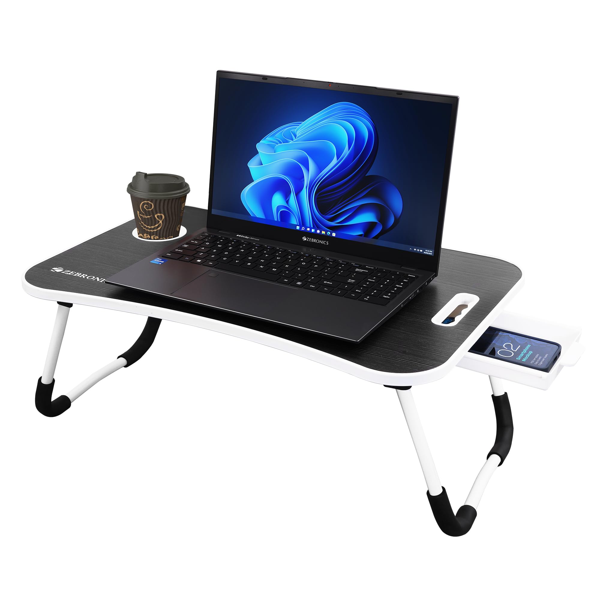 ZEBRONICS LAPDESK X3 – Foldable Laptop Study Bed Table, Tablet Dock, Pen & Cup Holder, Anti Slip Rubber Feet, Drawer for Storage, Max 20 Kg Support, for Students & Work