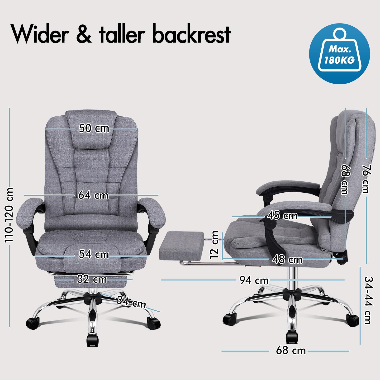 ALFORDSON Ergonomiczne krzesło biurowe, z funkcją masażu ciepła, lniane krzesło komputerowe z wyściełanymi podłokietnikami i miękkim zagłówkiem, krzesło obrotowe z kółkami, szare
