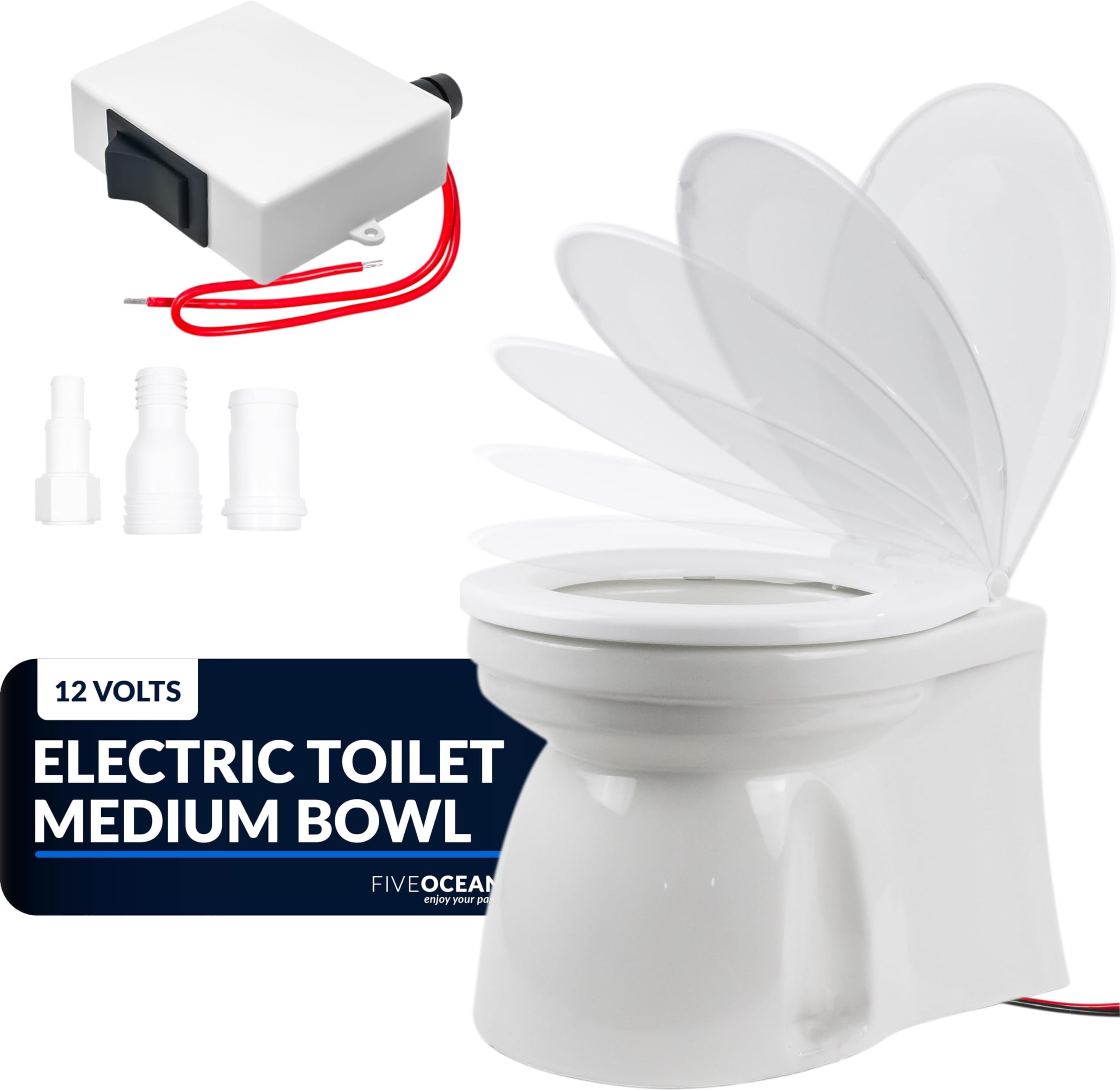 TMC Electric Marine Toilet, RV Toilet, Boat Toilet, Medium Design Bowl, Household Style Heavy-Duty Built-In Macerator Pump with On-Off Flush Control Switch, Features Quiet Soft-Close Lid, 12V - FO1599