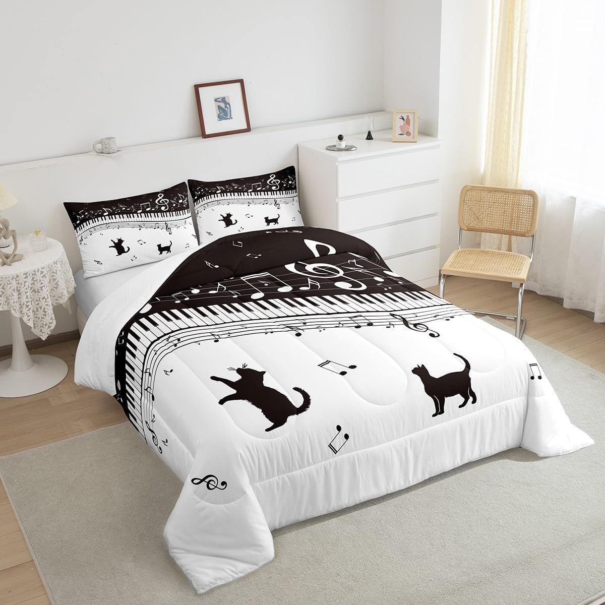 Homewish Piano Comforter Set Queen Size Black Musical Notes Bedding Set 3pcs for Kids Teens Girls Music Lover Room Decor Cat Pet Silhouette Quilt Set White Microfiber Duvet Insert,2 Pillowcases image 4