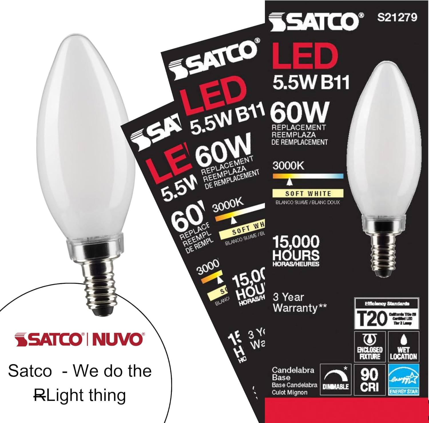 Satco S21279-5.5 Watt B11 LED Frost Candelabra Base Light Bulb, 3000K Soft White, 500 Lumens, 90 CRI, 120V, Dimmable (2 Pack)