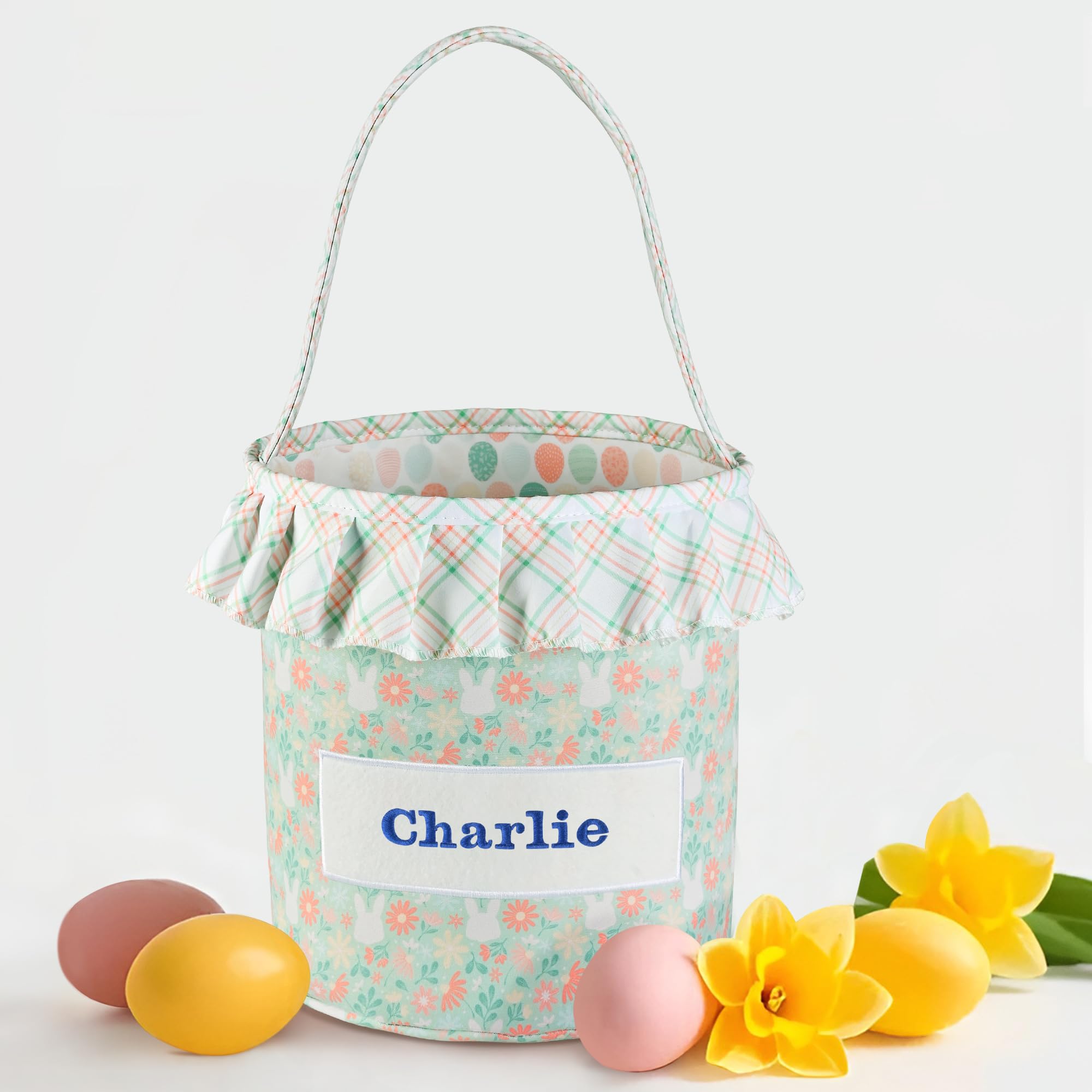 Easter Basket, Jocidea Personalized Easter Baskets, Easter Bunny Basket, Easter Egg Hunt Baskets - Green Basket with Flower