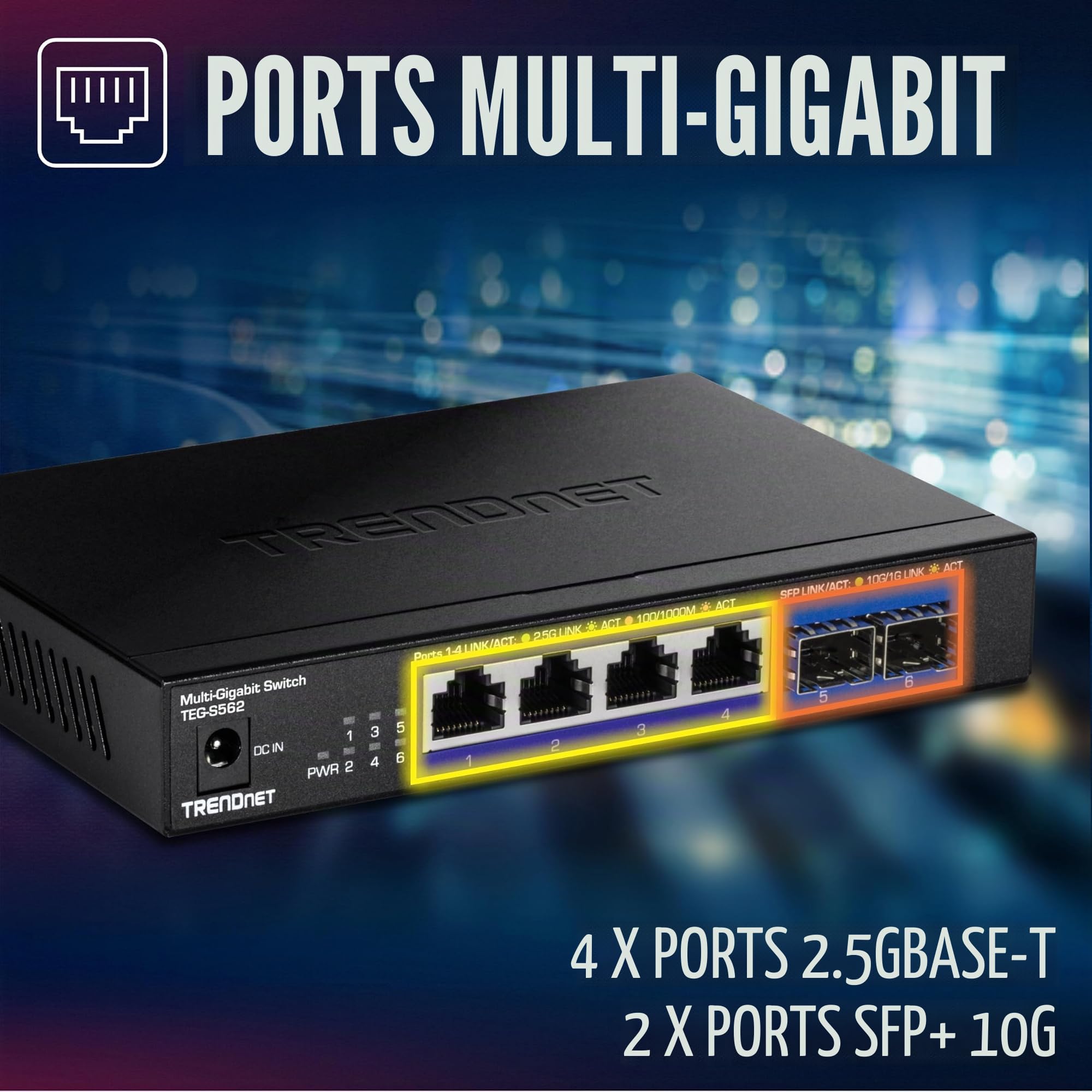 TRENDnet, TEG-S562, Commutateur Multi-Gig Non géré à 6 Ports, 4 Ports 2,5GBASE-T, 2 Ports SFP+ 10G sans Ventilateur, Conception de Bureau compacte, boîtier en métal, commutateur réseau Ethernet, Noir