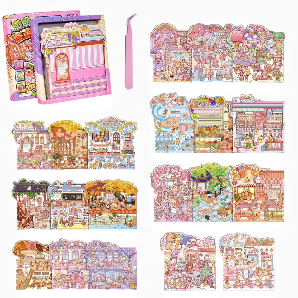 3D Scene Stickers 20 Sets of Stickers Pink The Second,DIY Miniature House Sticker with Tweezers Make Your Own Cute Cartoon Sticker for Adults Girls Relief Stress Pass The Time,Favors Gift
