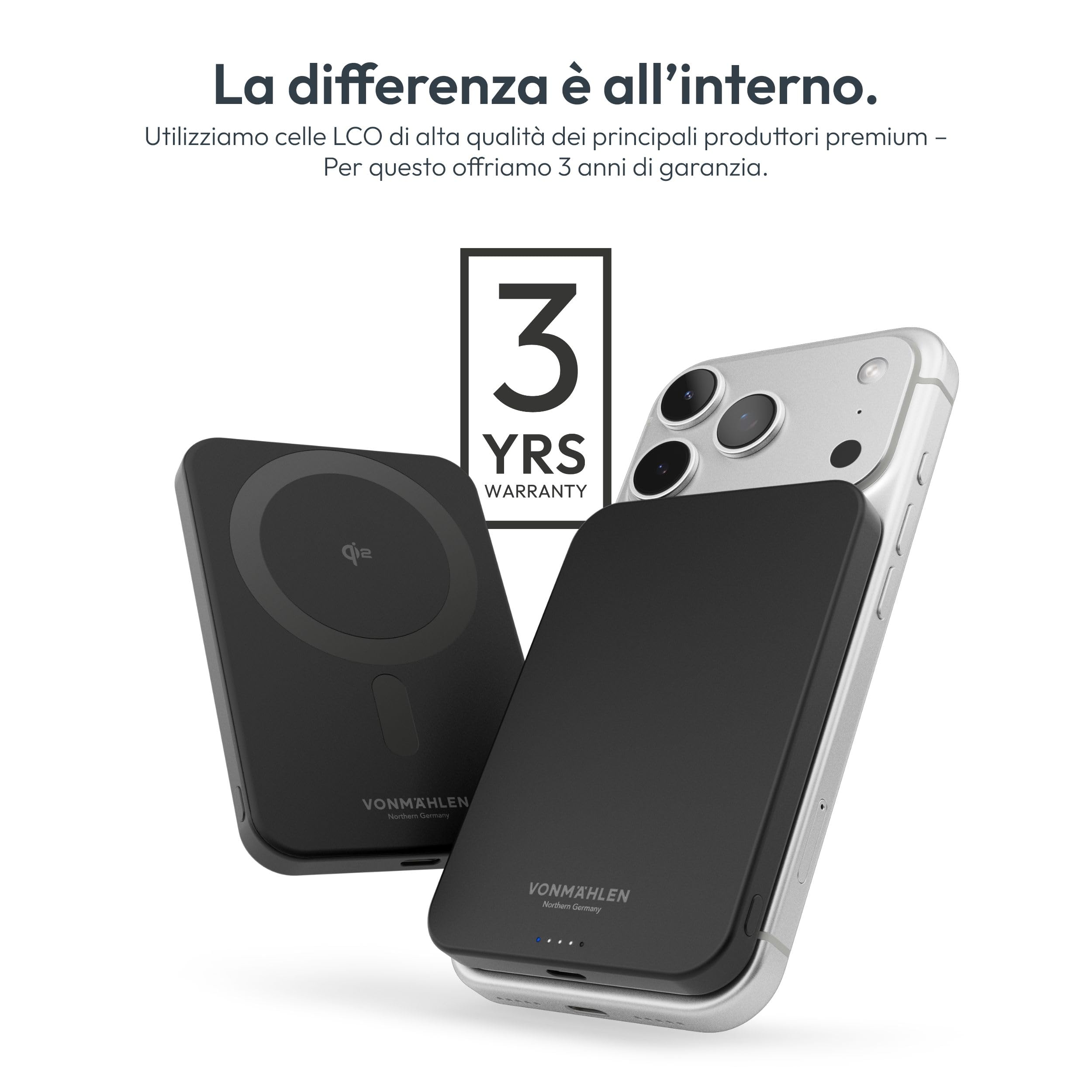 Vonmählen Evergreen Mag - Powerbank Magnetica Ultra-Sottile da 5000mAh, Ricarica Veloce Wireless e USB-C PD, QI2 Certificata - Nero