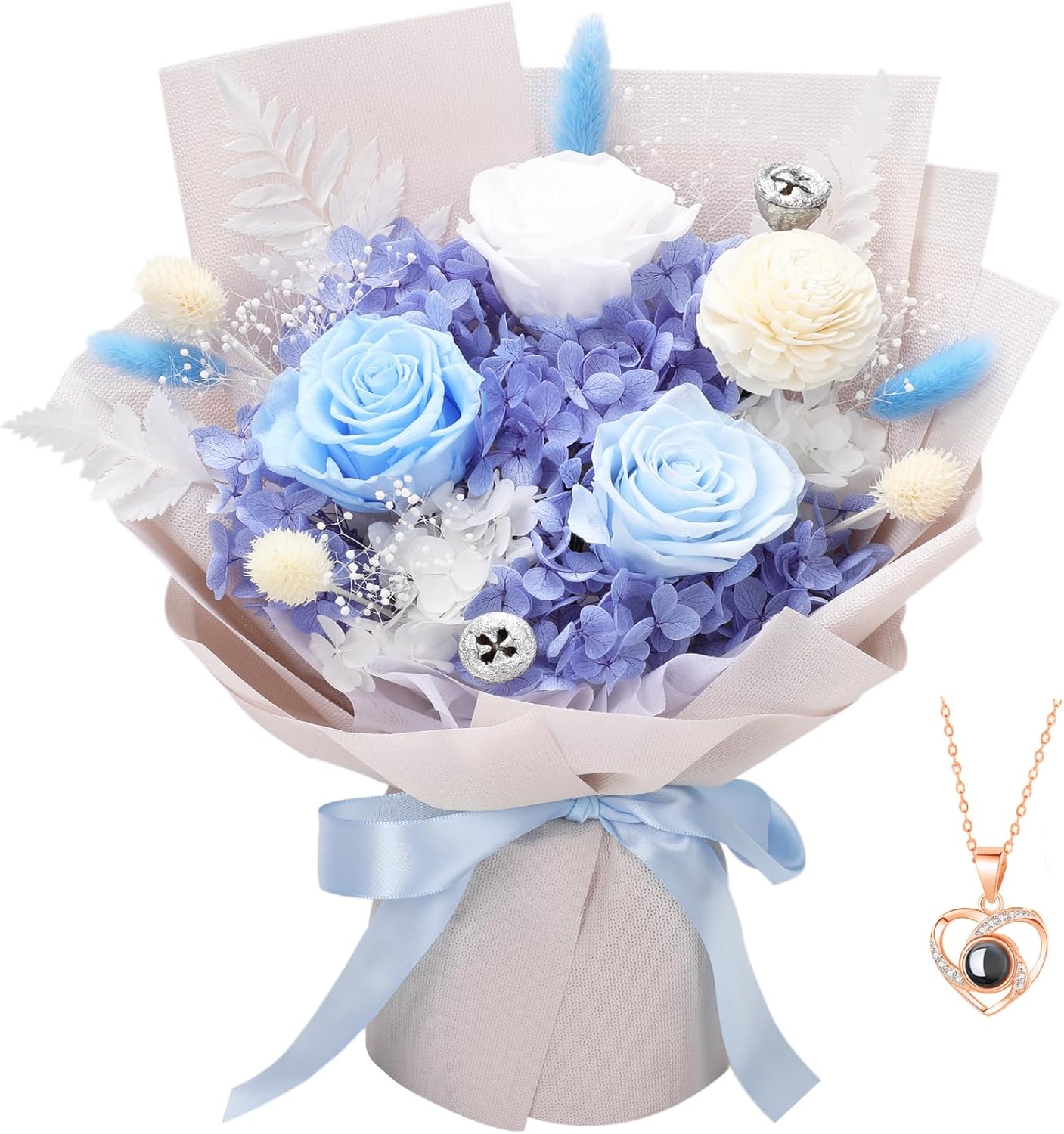 Preserved Flowers for Delivery, Blue Flower Bouquets with Necklace, Forever Real Roses Anniversary Birthday Gifts for Women Mom Wife Girlfriend, Fresh Flowers for Valentines Day Christmas