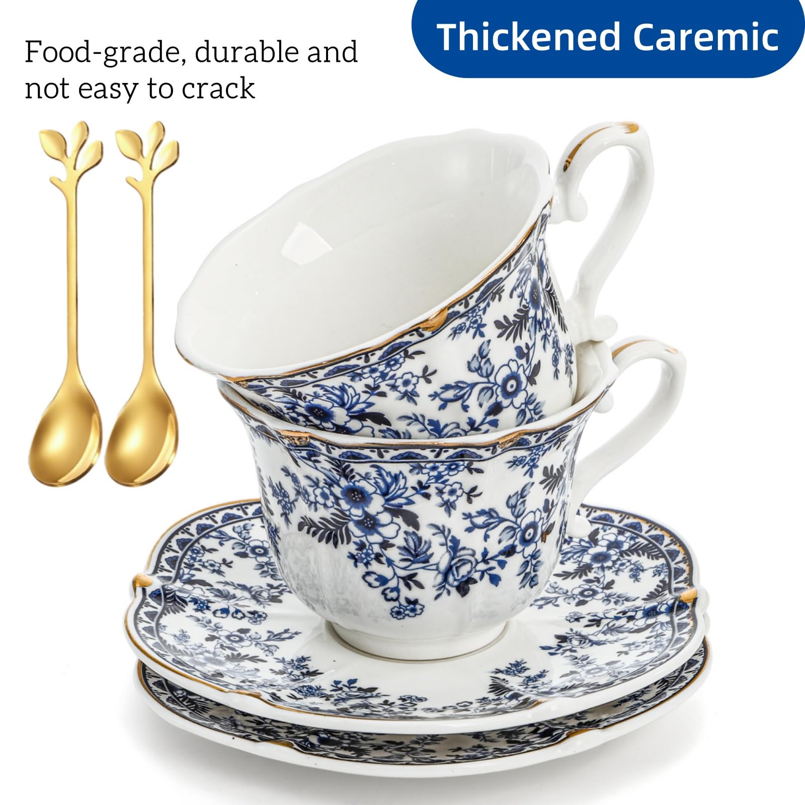 Set di 2 tazze da tè e piattini in porcellana, 170 ml, stile vintage, con rose rustiche, con finiture dorate, cucchiaio, 6 tazze da caffè e cappuccino per donne, tea party, regali di nozze