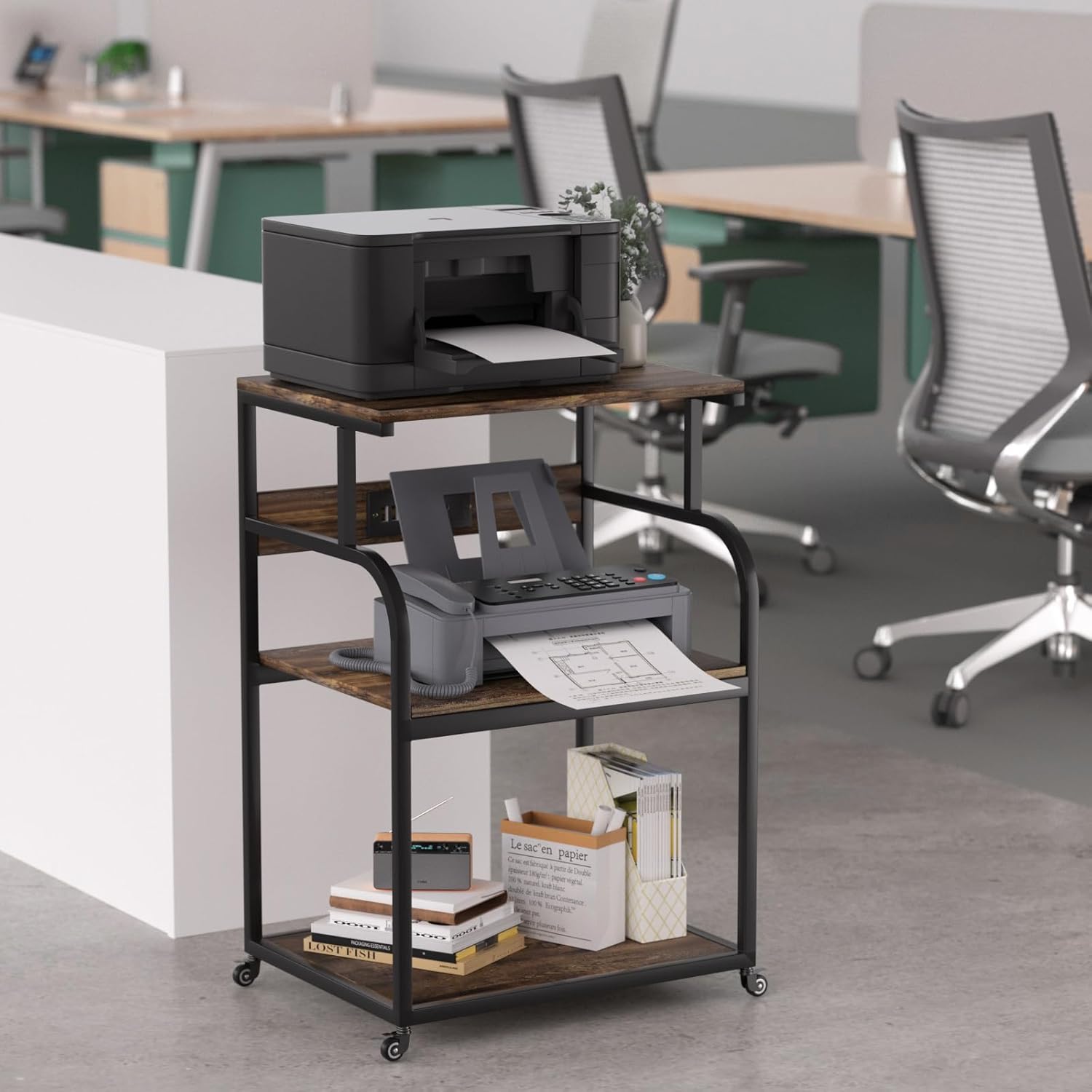 Large Printer Stand with 3-Tier Wood Storage Shelves with Power Outlet - Multi-Purpose Desk Organizer for Printer Scanner Fax Home Office Use with Wheels (Rustic Brown)