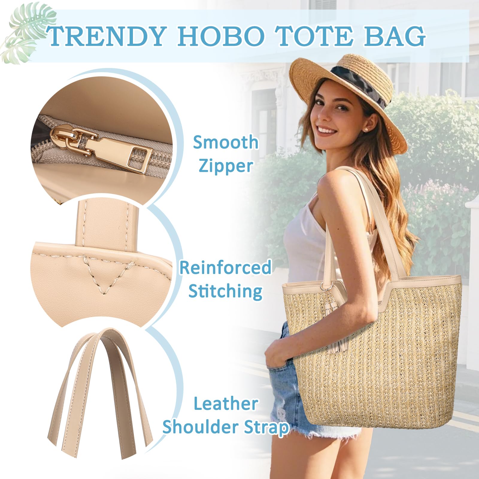 VASCHY Bolsa Playa de Paja para Mujer, Bolsa Tote Bag de Verano Bolsa de Hombro Plegable Bolsa de Mano para Shopper Viaje Bolso Bohemia con Cremallera para Uso Diario