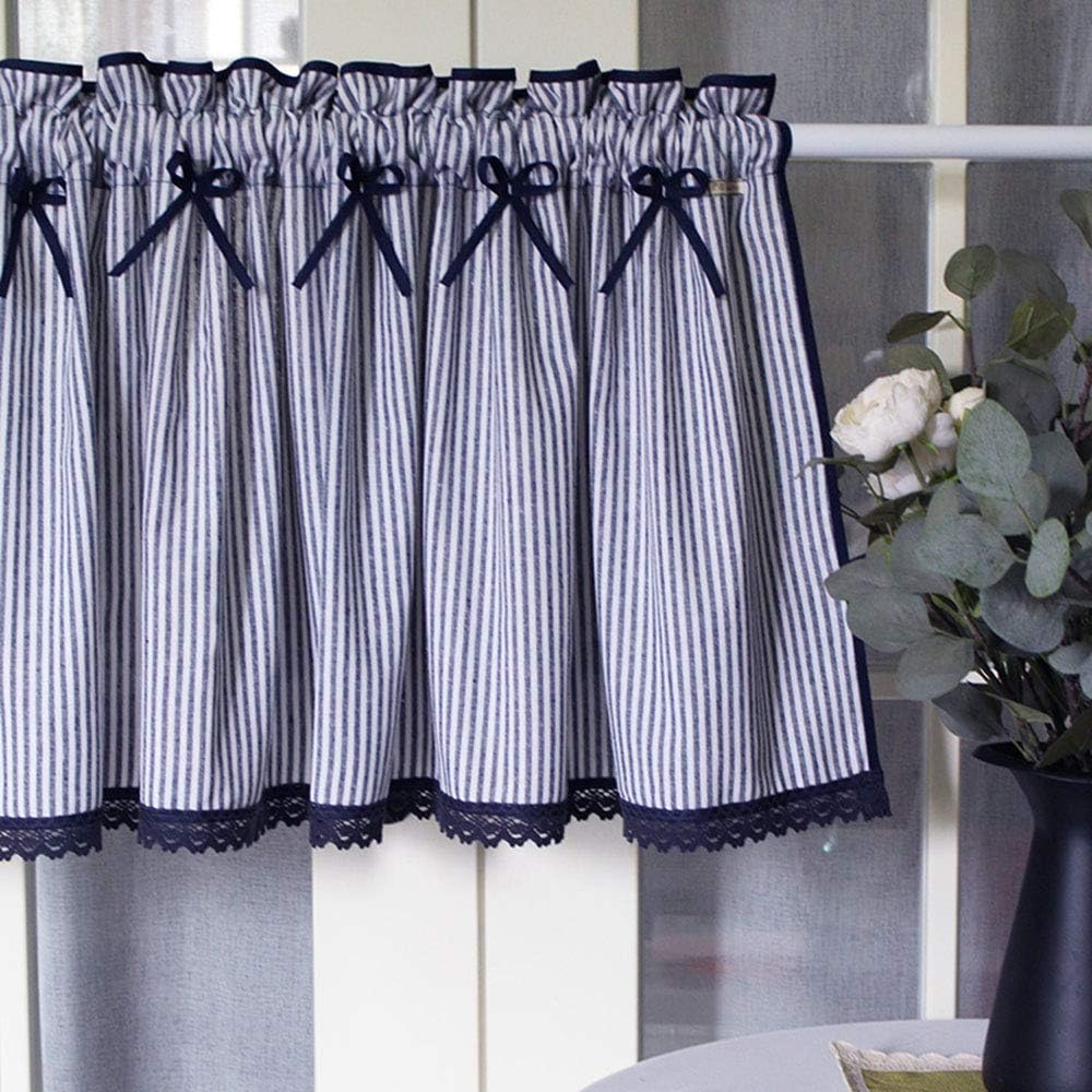 Farmhouse Kitchen Curtain Striped Café Curtain 100% Cotton Tier Curtains Lace Window Treatment Navy Blue Country Drapes with Bowknot
