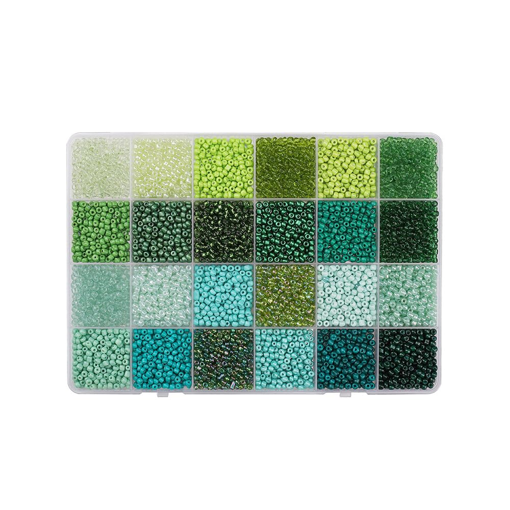1 Box Mixed Colors Glass Seed Beads, 3mm Small Glass Seed Beads in 24-Grid Box for Bracelets, Crafting, Keychain, Green Tone