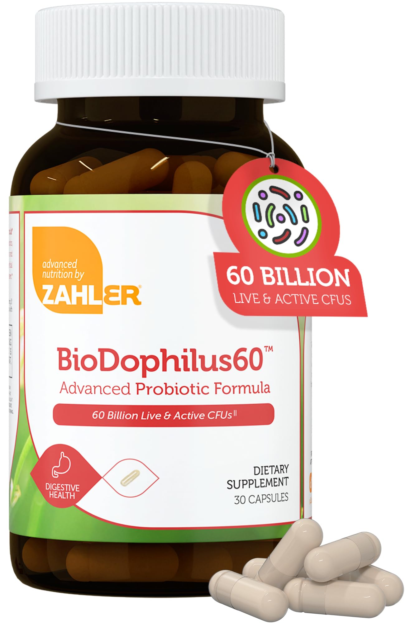Biodophilus, 60 Billion Live Cultures Per Serving, Supports Digestive Health, Certified Kosher, 30 Capsules