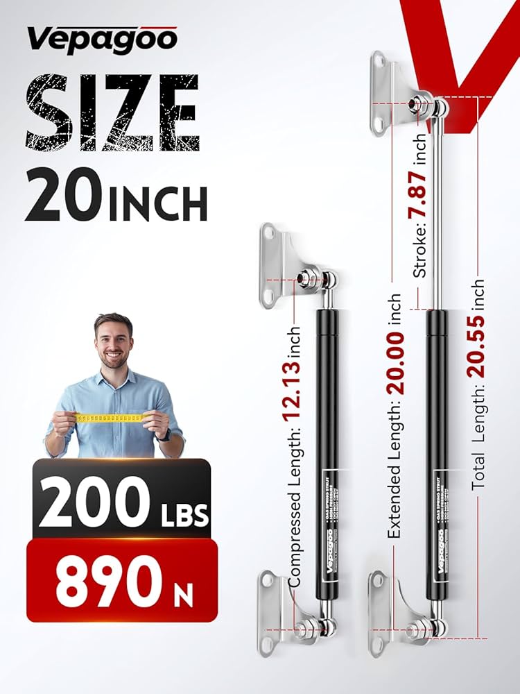 Vepagoo 630MM 890N/200lb Gas Struts Universal Adjustable 25inch 89KG Lift Support Springs With Mounting Kit For Ottoman Bed, Heavy Lid, Floor Hatch