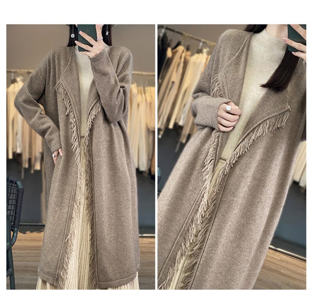 Lange Woll-Cardigans Für Damen Spleißen Fransen-Strickjacken Vorne Offen Damen-Pullover Mit V-Ausschnitt Eleganter Herbst-Winter Weicher Kaschmir-Strickpullover Oberbekleidung