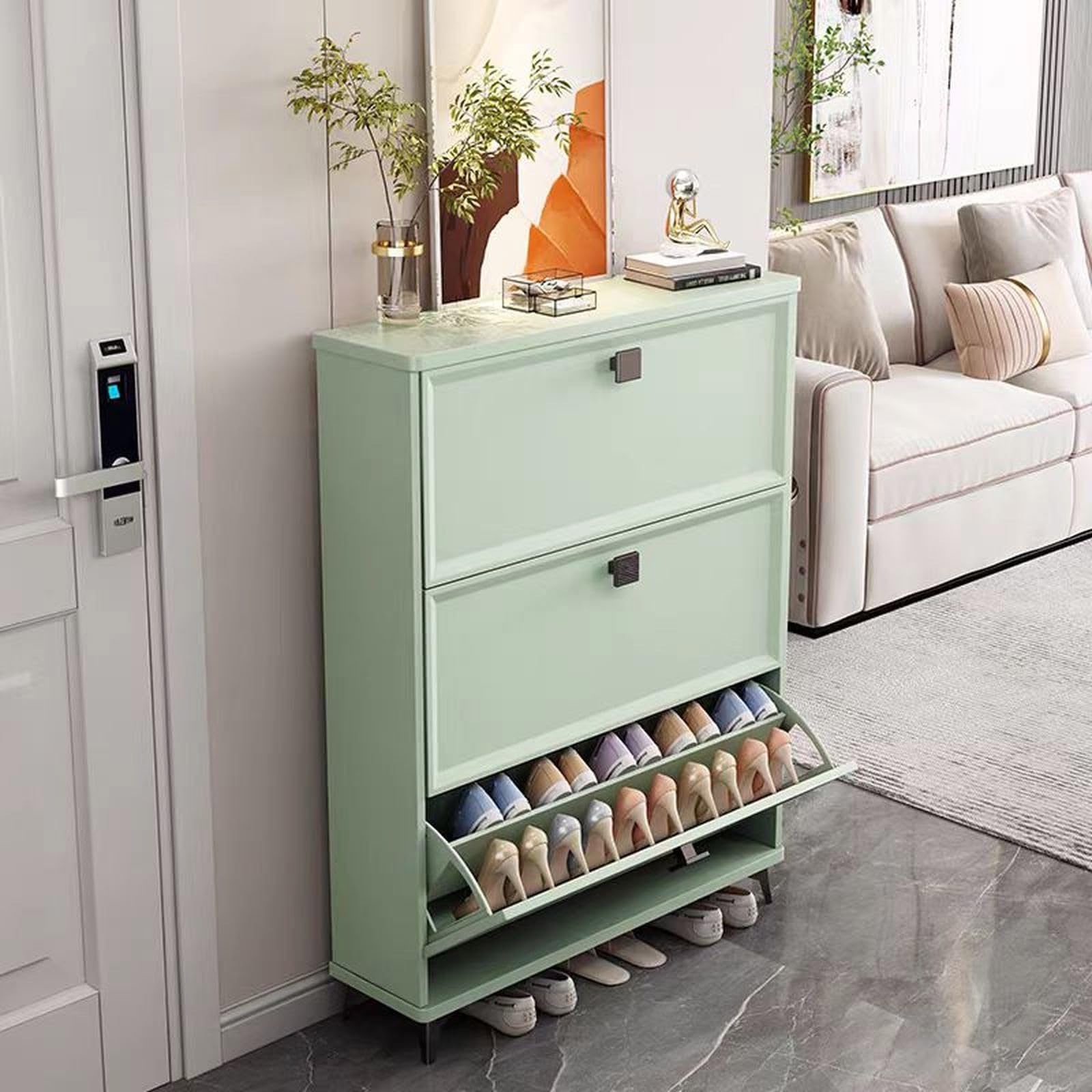 ​​3-Tier Wooden Shoe Cabinet with Flip-Up Drawers Narrow Space-Saving Entryway Organizer Adjustable Shelves Odor-Resistant Design for Hallway/Bedroom