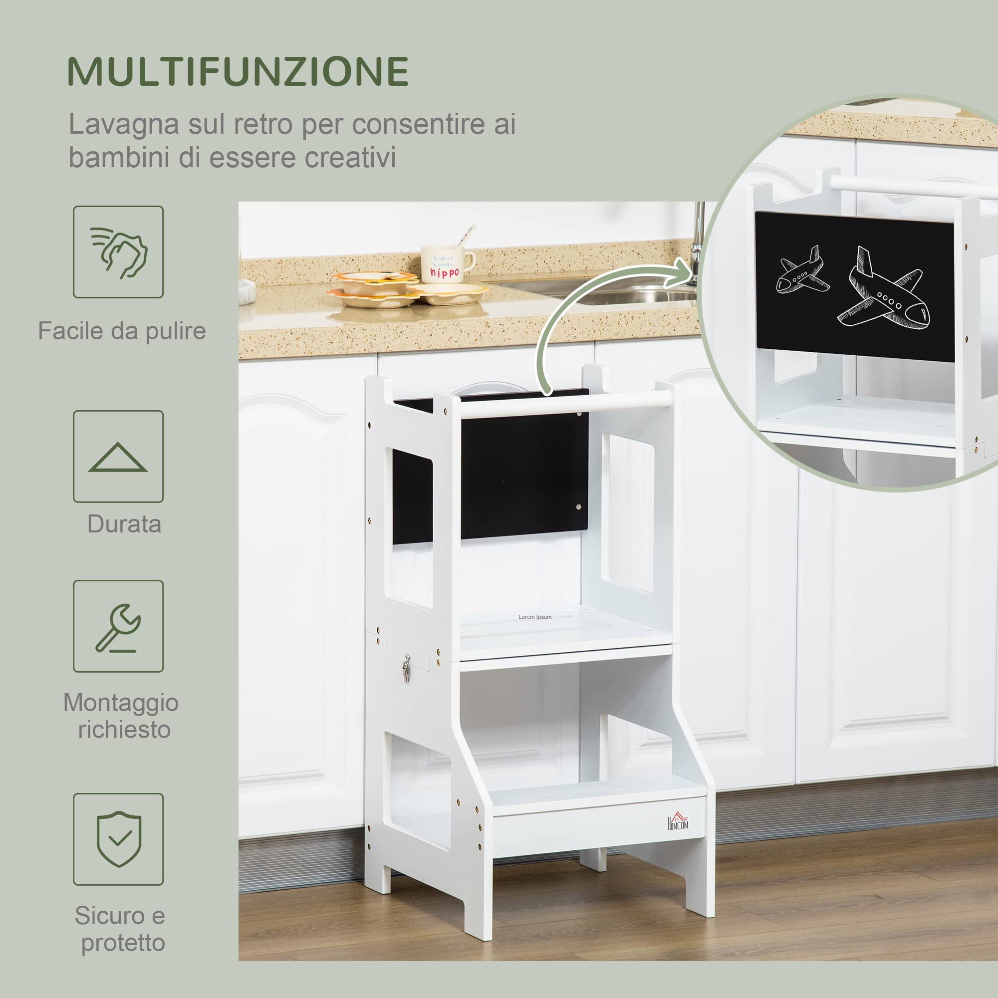 HOMCOM Scala Montessori 2 in 1 in MDF Staccabile, Torre Montessoriana per Bambini 3-6 Anni, Torre di Apprendimento con Sgabello, Lavagna, Corrimano e Parapetti inclusi, Bianco
