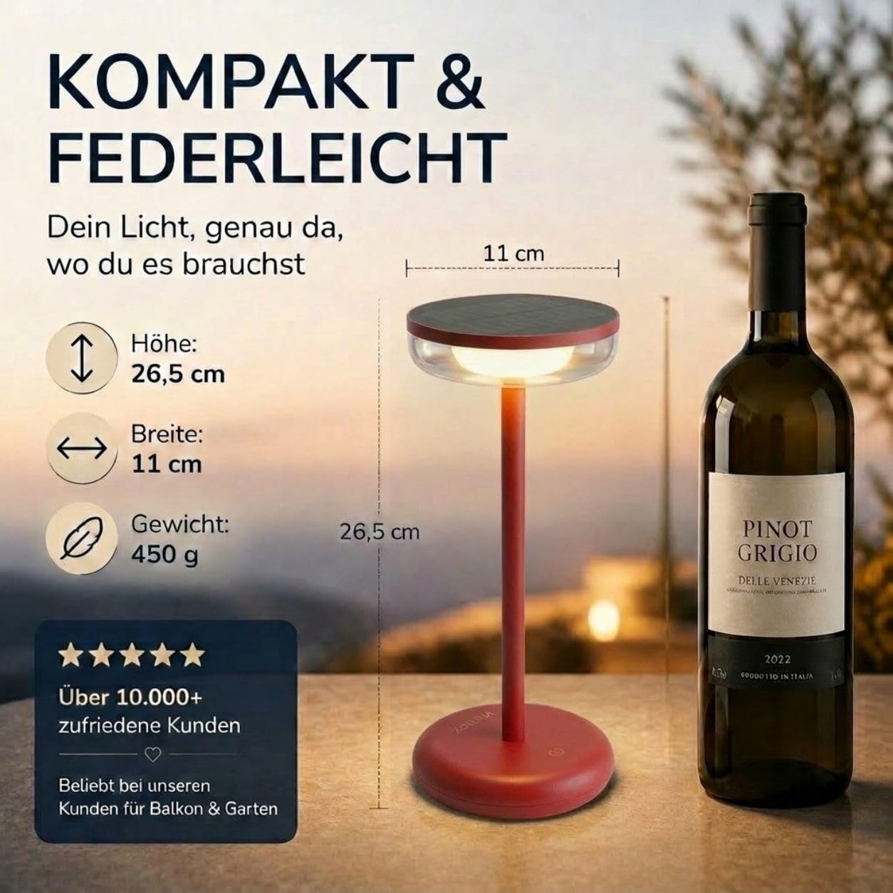 ZOLUNA Bobbie Solarlampen für Außen Tisch, 2700k, IP44 Wasserdicht, Outdoor Tischlampe, Solar Tischlampe Outdoor Stehlampe, LED Outdoor Lampe, Solar Tischleuchte, Evening Red 11x11x26,5cm