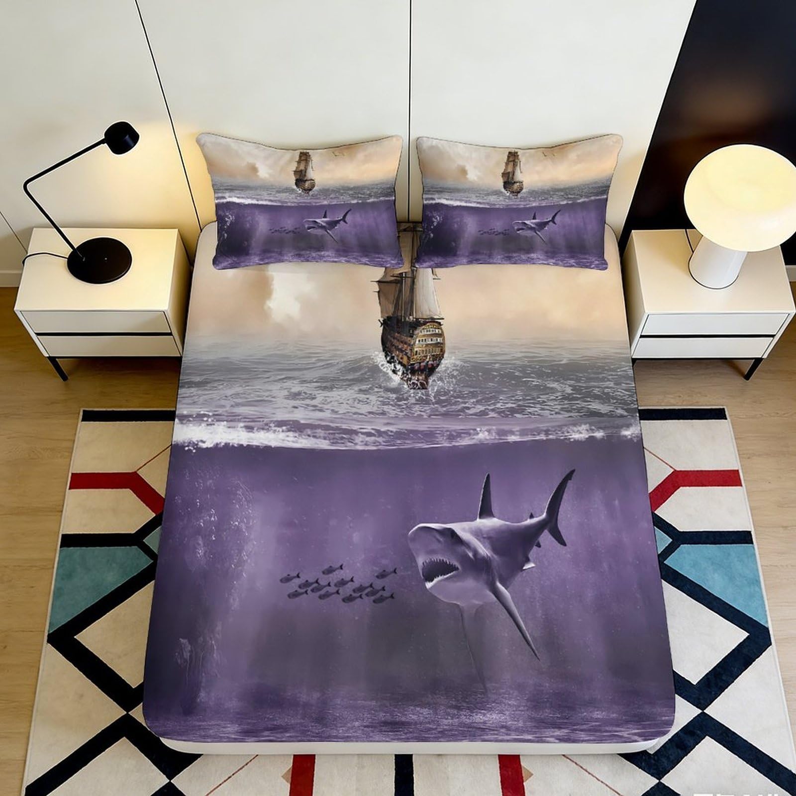 3D Printed Ocean Shark Fitted Sheet Microfiber Soft Breathable Ship Mattress Cover for Bedroom Dormitory Guest Room Mattress Protection Decor 160x200x25cm