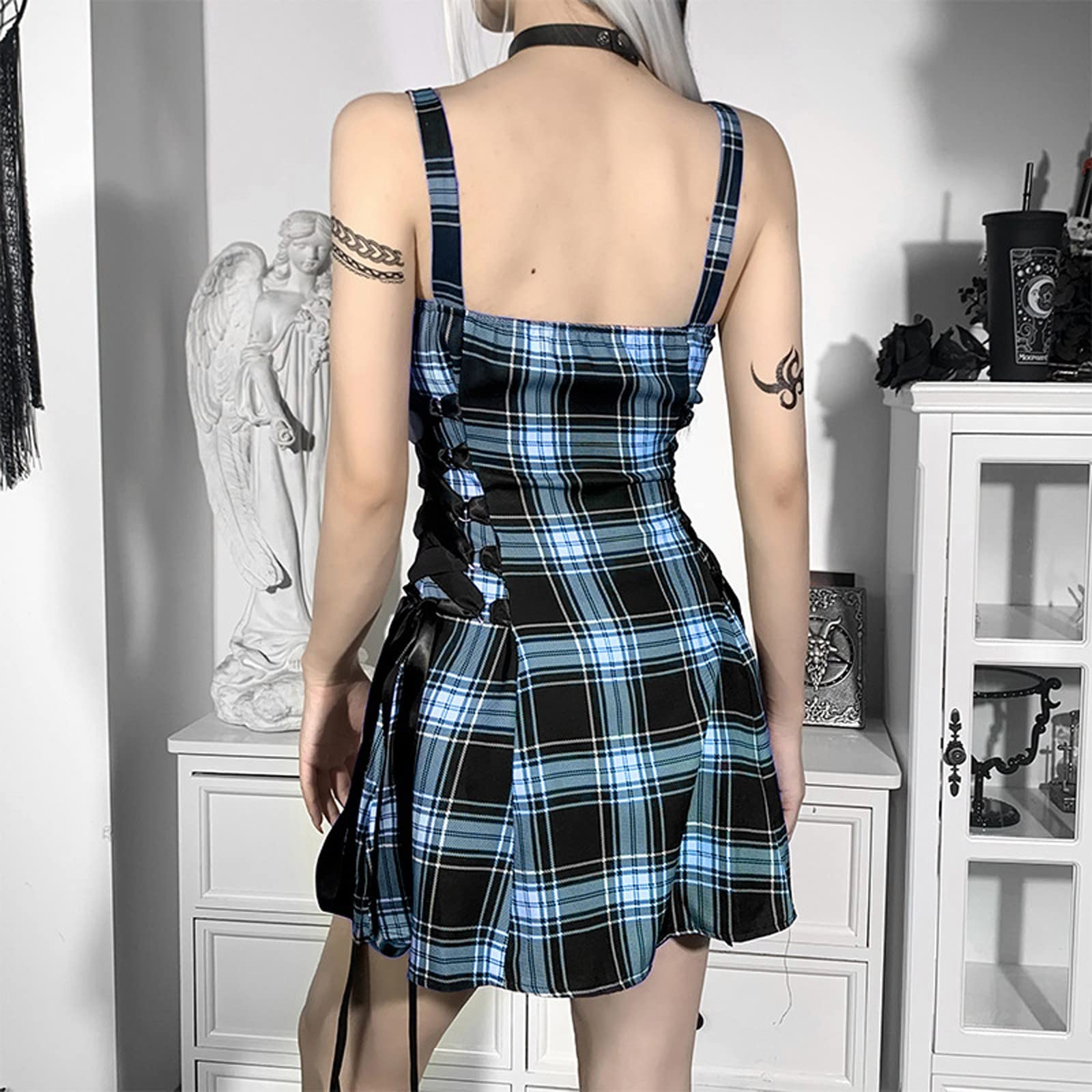 FUPODD Minikleid Damen Sommer Gothic Kleider Mittelalter Kleid Mit Schnürung Sexy Trägerkleid Kurz Kariert Partykleid Rückenfrei Retro Sommerkleid Frauen Reißverschluss Vorne Halloween Karneval